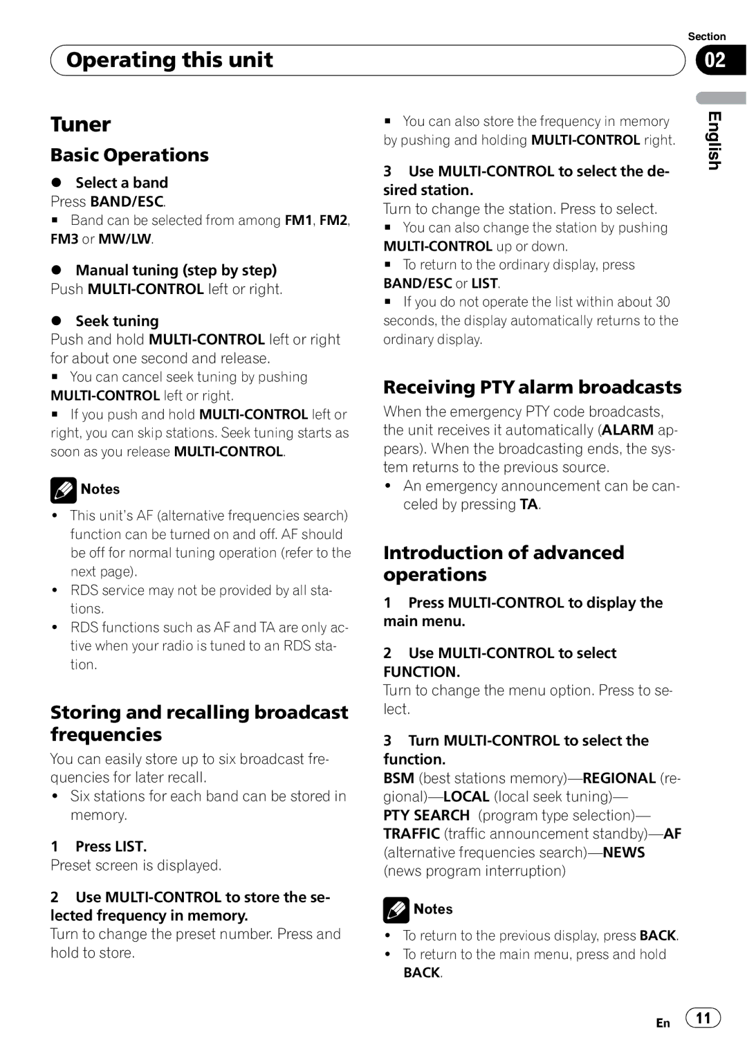 Pioneer DEH-50UB operation manual Operating this unit Tuner, Basic Operations, Storing and recalling broadcast frequencies 