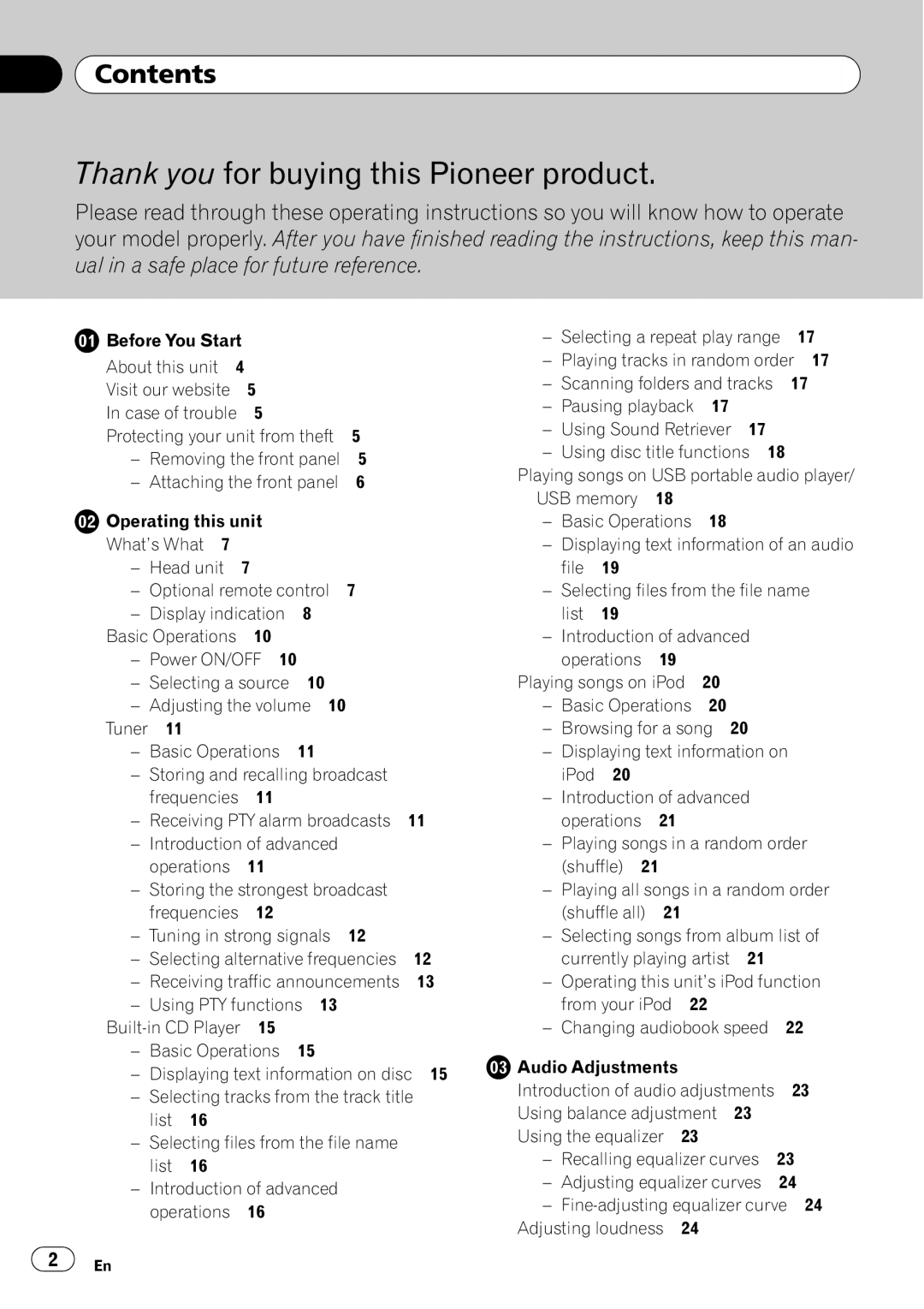 Pioneer DEH-50UB operation manual Thank you for buying this Pioneer product, Contents 