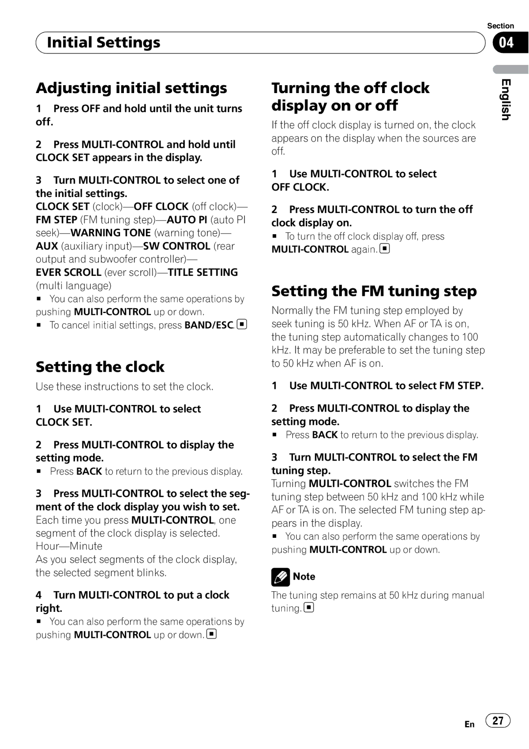 Pioneer DEH-50UB Initial Settings Adjusting initial settings, Turning the off clock display on or off, Setting the clock 