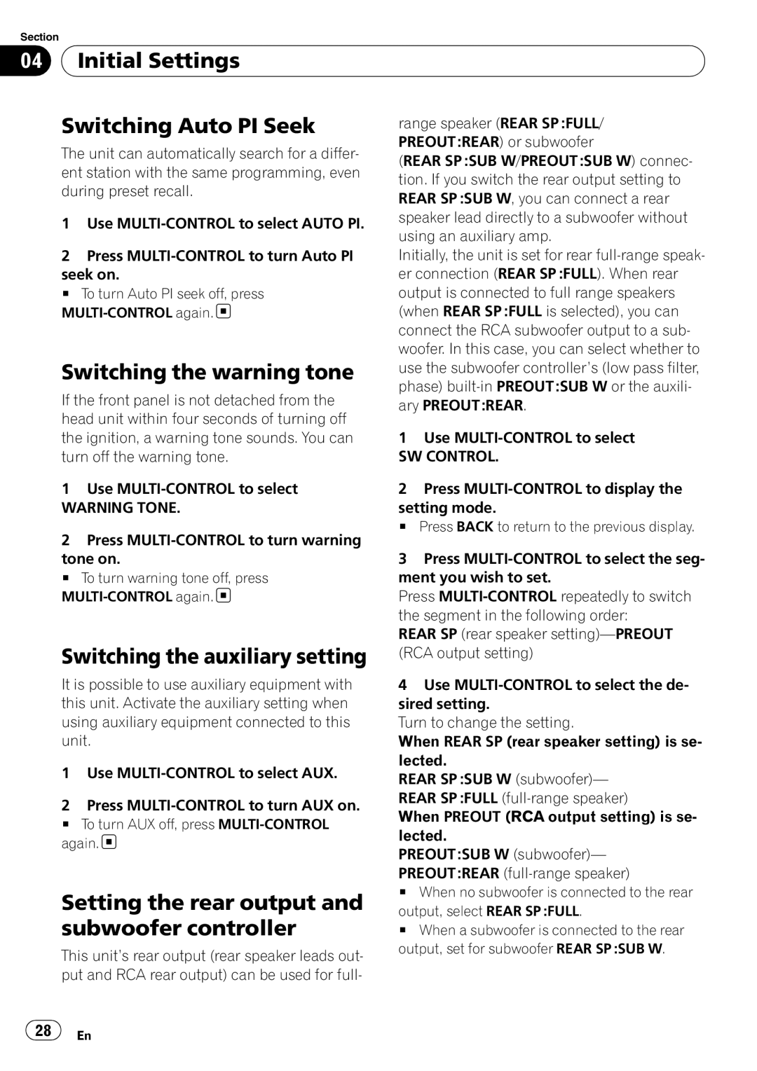 Pioneer DEH-50UB Initial Settings Switching Auto PI Seek, Switching the warning tone, Switching the auxiliary setting 