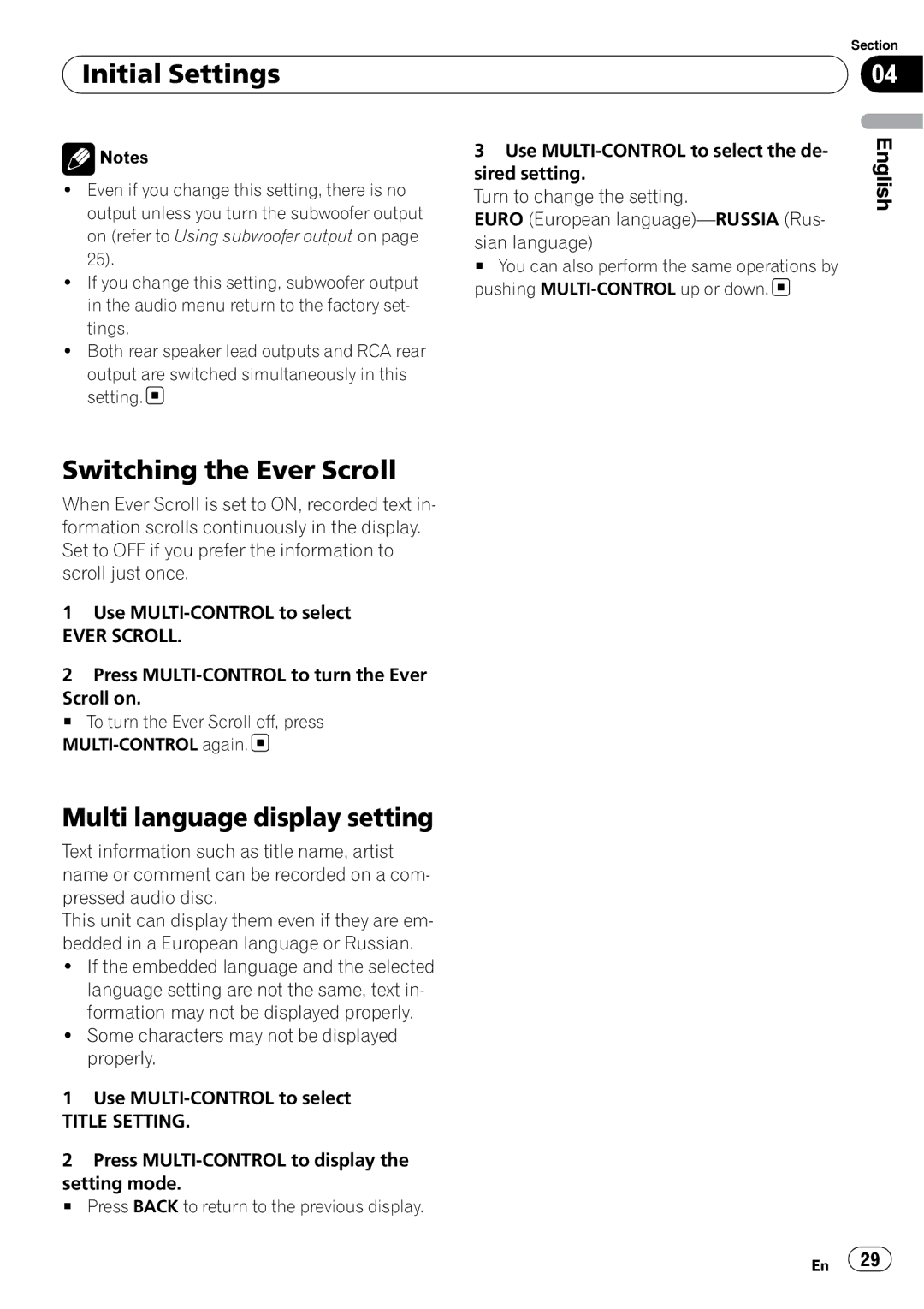 Pioneer DEH-50UB Initial Settings, Switching the Ever Scroll, Multi language display setting, Title Setting 