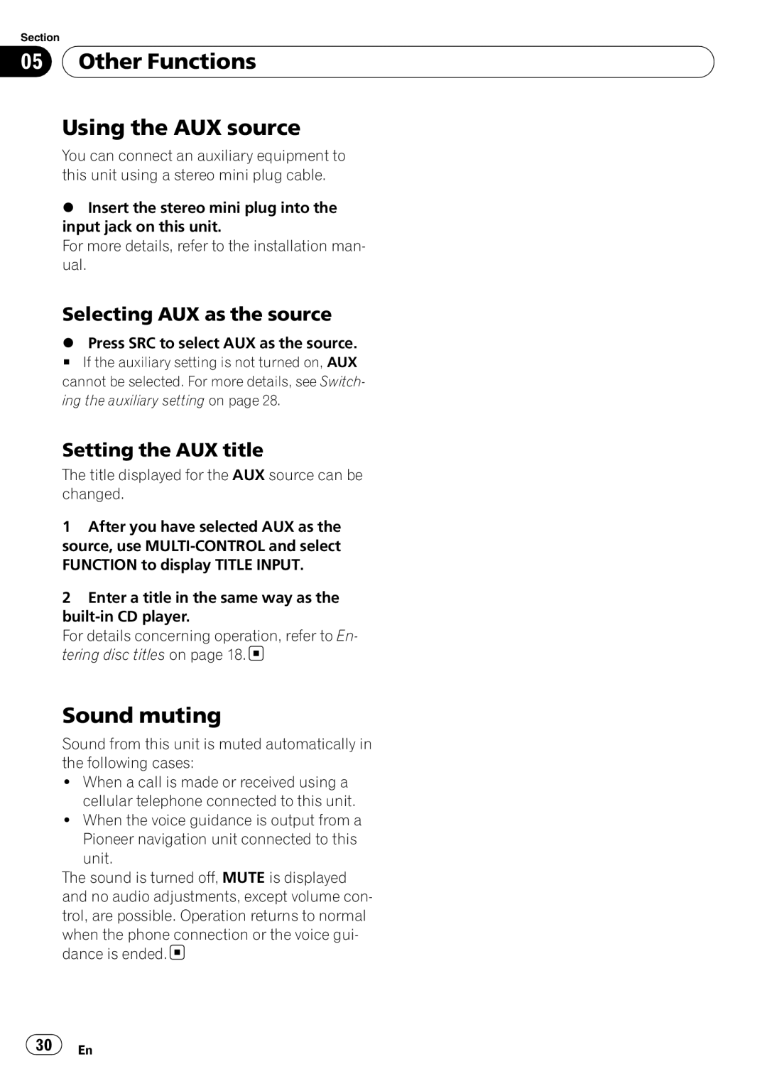 Pioneer DEH-50UB Other Functions Using the AUX source, Sound muting, Selecting AUX as the source, Setting the AUX title 