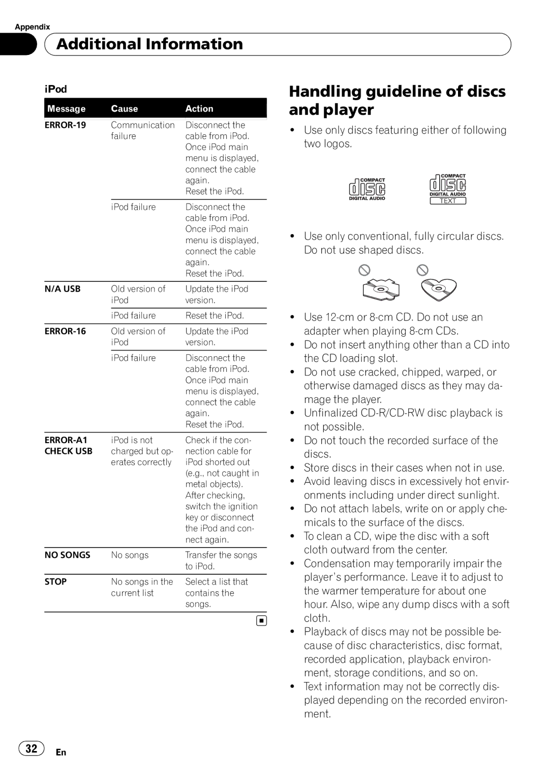 Pioneer DEH-50UB operation manual Additional Information, Handling guideline of discs and player 