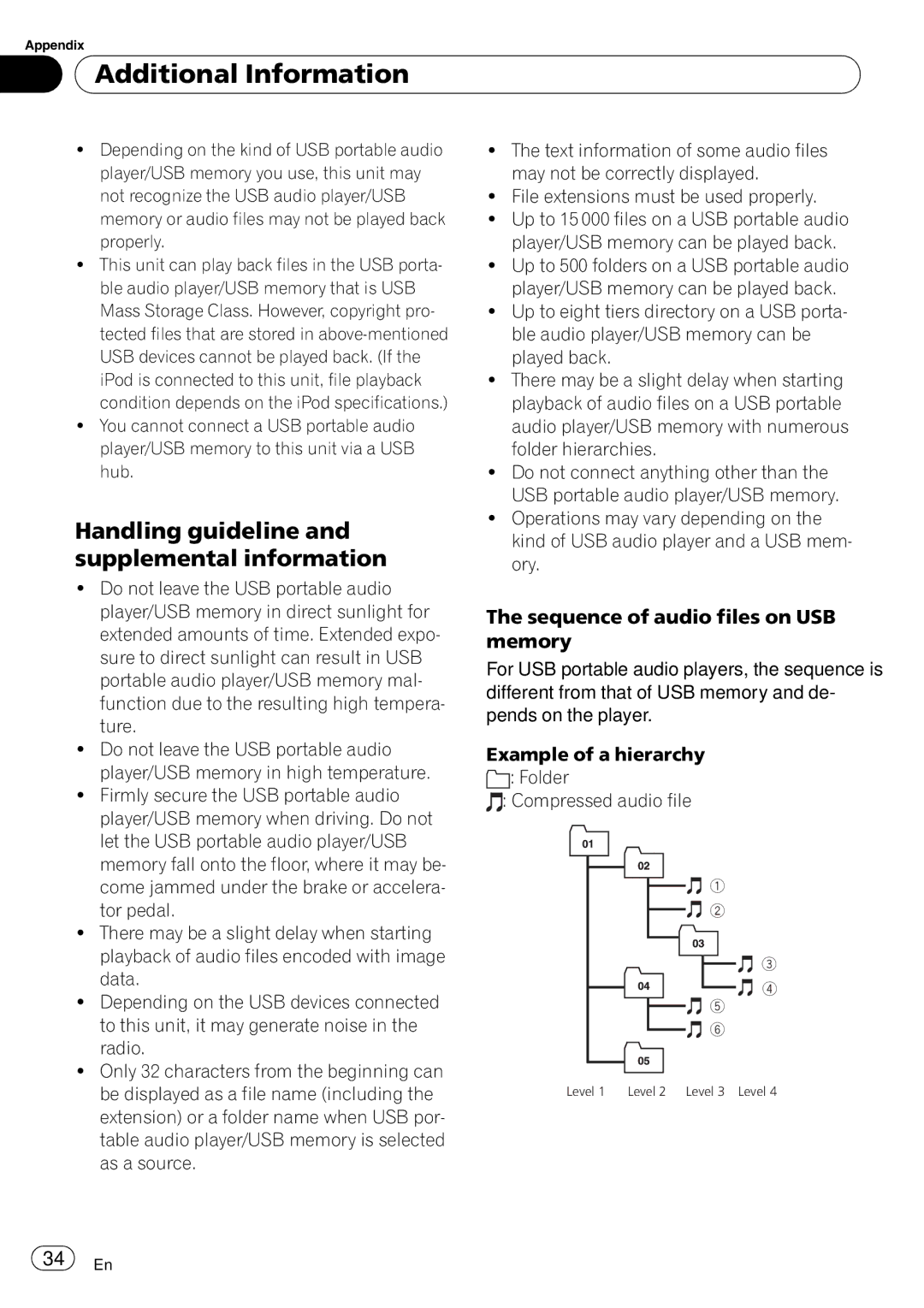 Pioneer DEH-50UB operation manual Handling guideline and supplemental information, Sequence of audio files on USB memory 