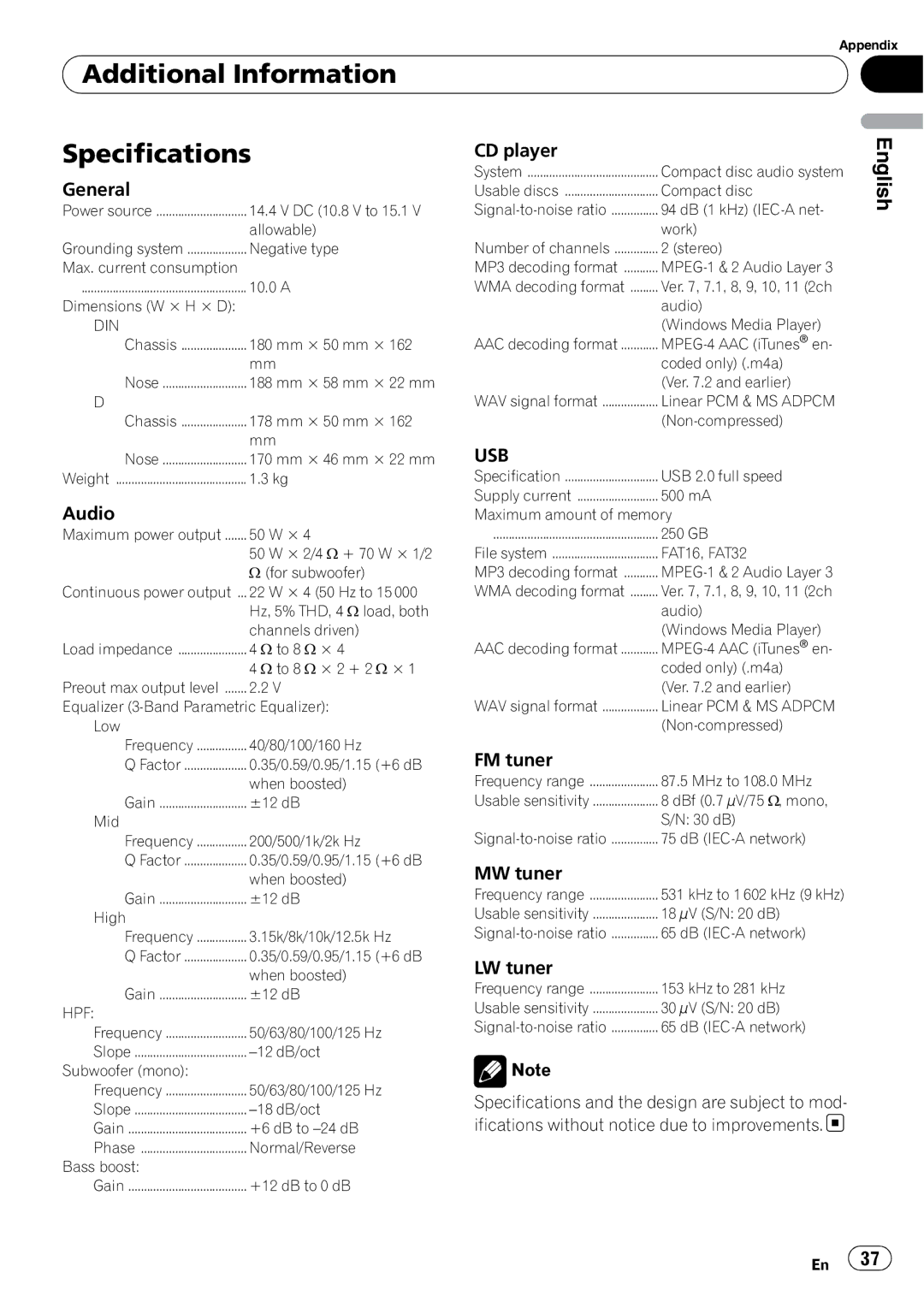 Pioneer DEH-50UB operation manual Additional Information Specifications, Usb 