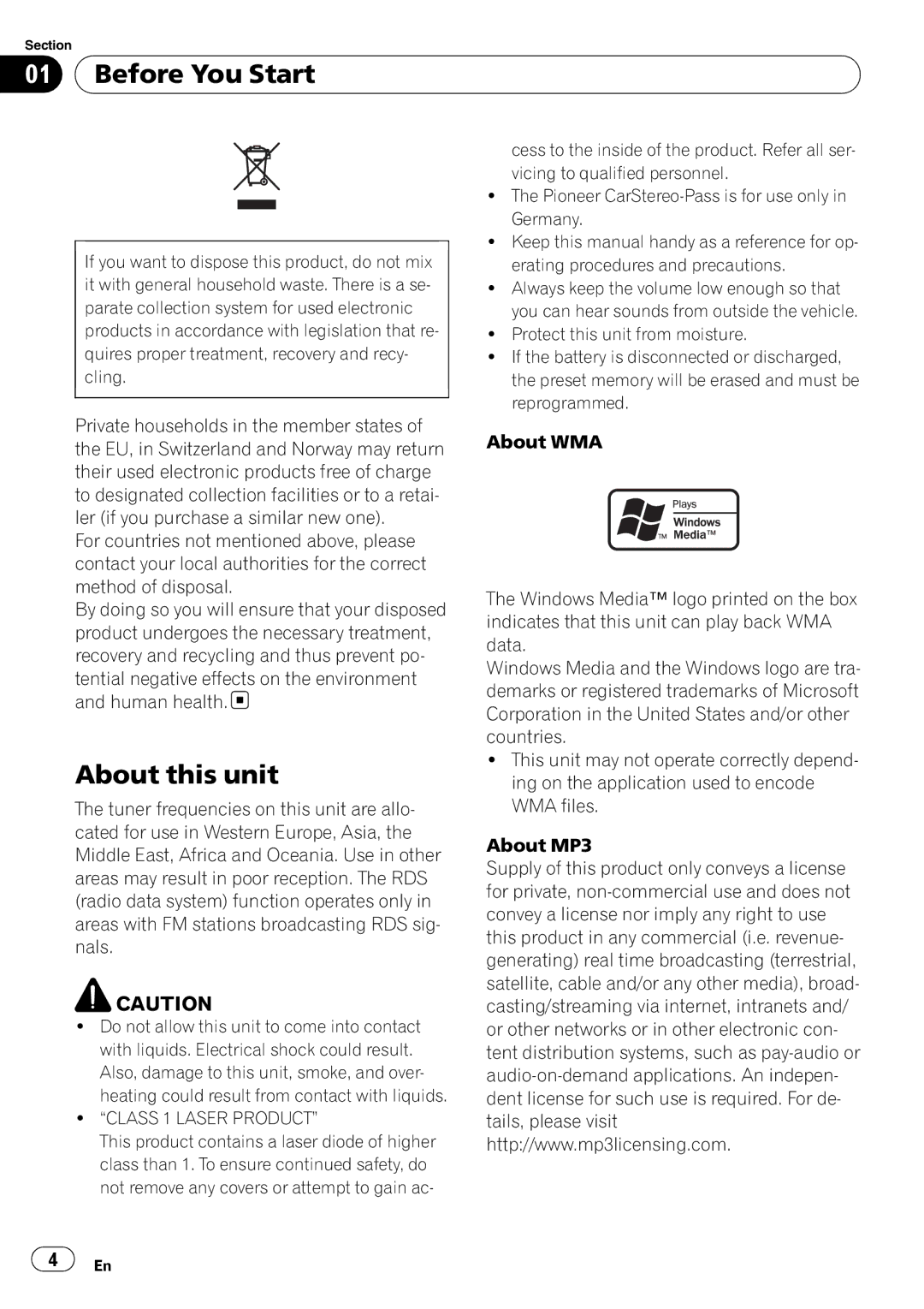 Pioneer DEH-50UB operation manual Before You Start, About this unit, Class 1 Laser Product 