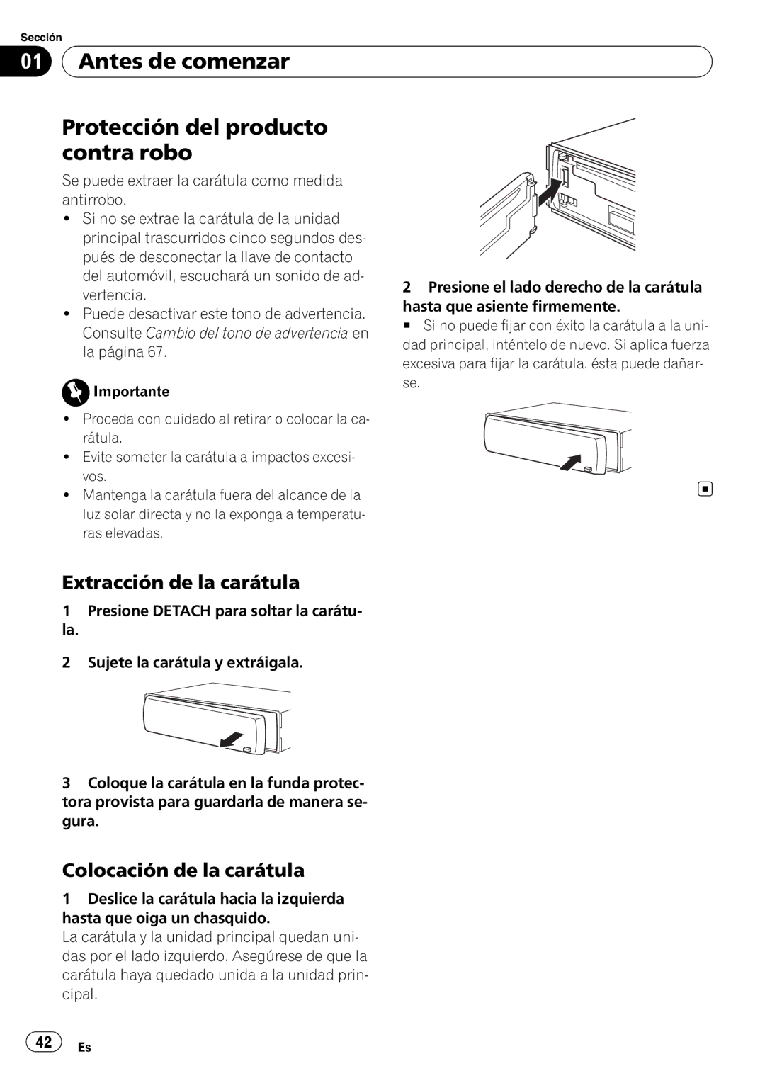 Pioneer DEH-50UB operation manual Antes de comenzar Protección del producto contra robo, Extracción de la carátula 