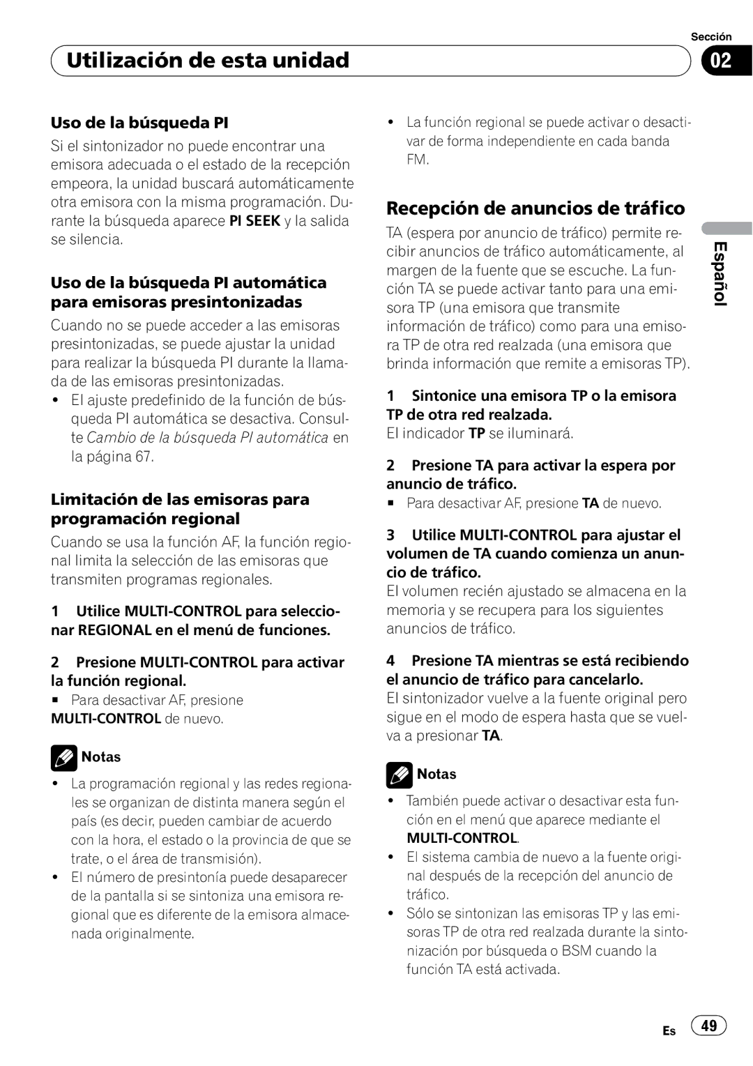 Pioneer DEH-50UB operation manual Recepción de anuncios de tráfico, Uso de la búsqueda PI 