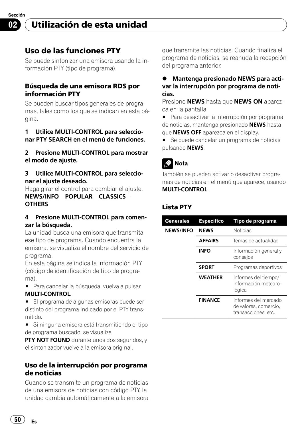 Pioneer DEH-50UB operation manual Uso de las funciones PTY, Búsqueda de una emisora RDS por información PTY, Lista PTY 