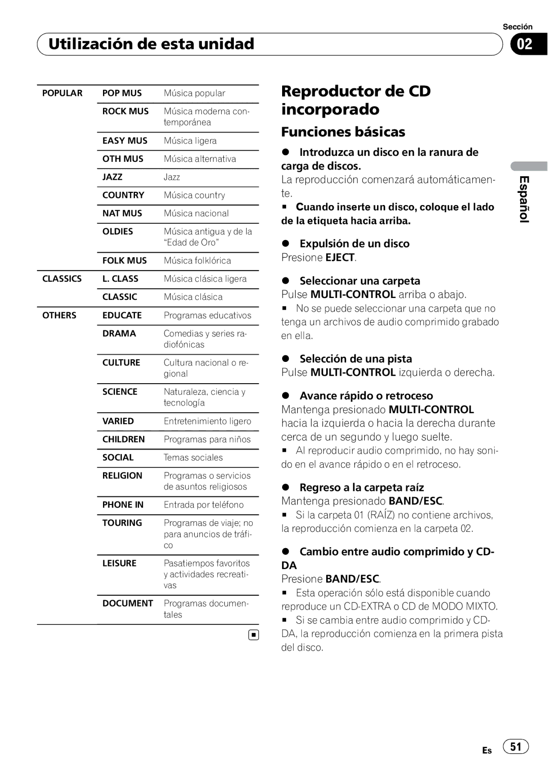 Pioneer DEH-50UB operation manual Reproductor de CD, Incorporado 