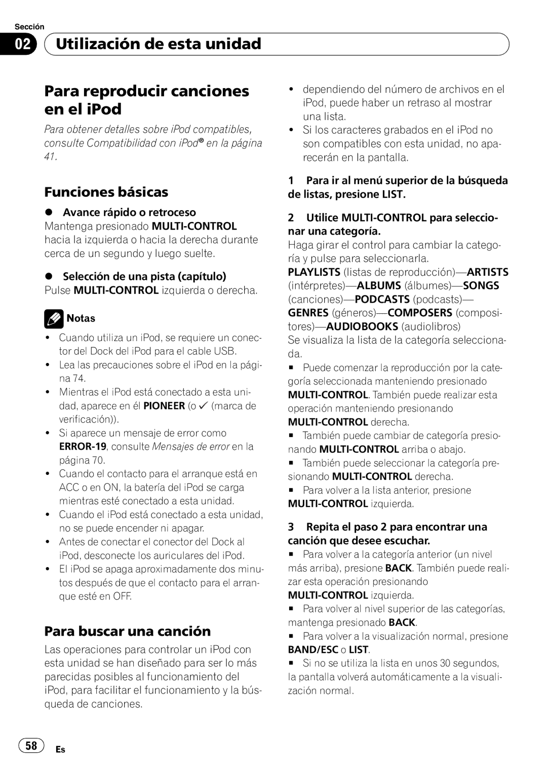 Pioneer DEH-50UB operation manual Utilización de esta unidad Para reproducir canciones, En el iPod, Para buscar una canción 