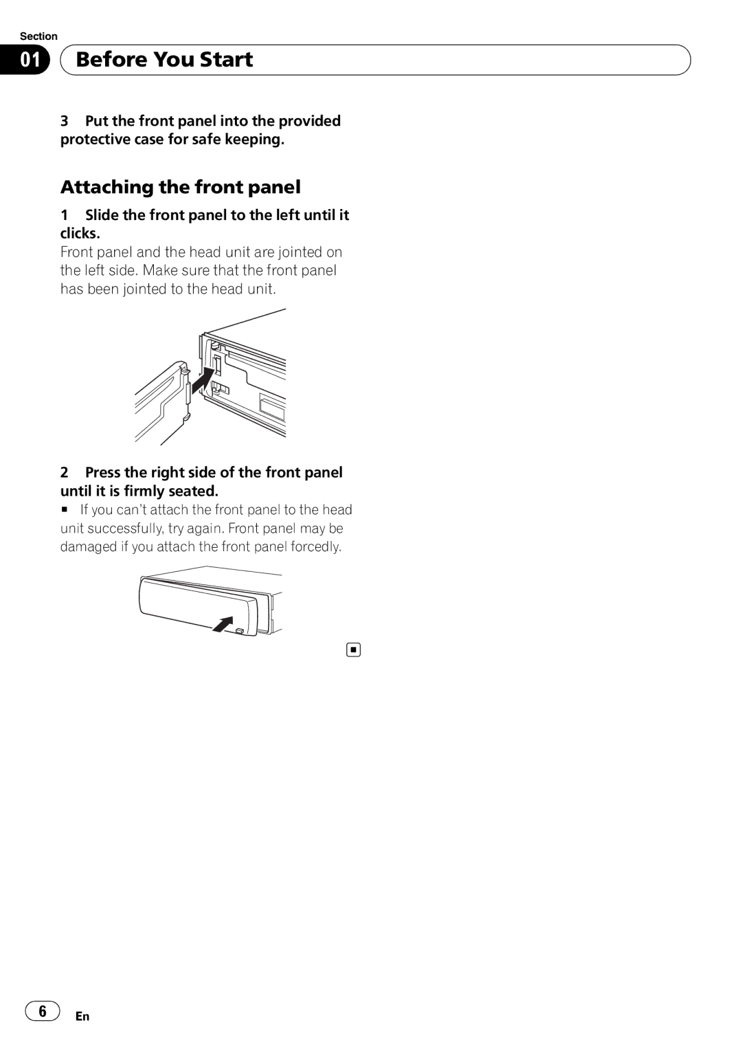 Pioneer DEH-50UB operation manual Attaching the front panel 