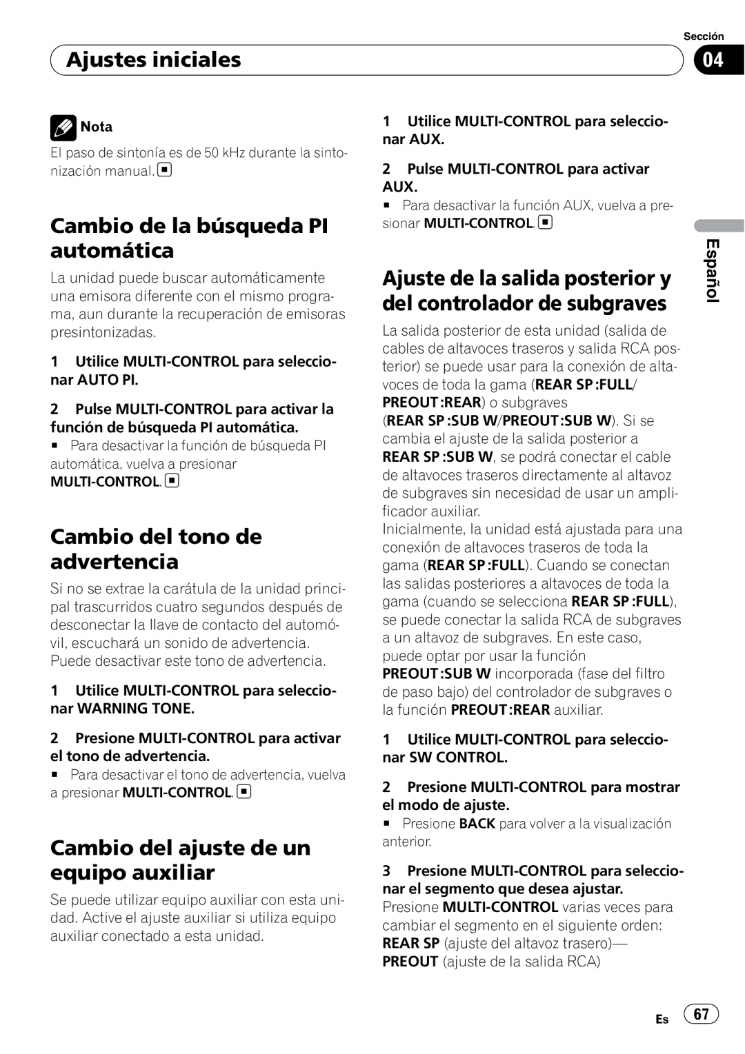 Pioneer DEH-50UB operation manual Cambio de la búsqueda PI automática, Cambio del tono de advertencia, Aux 