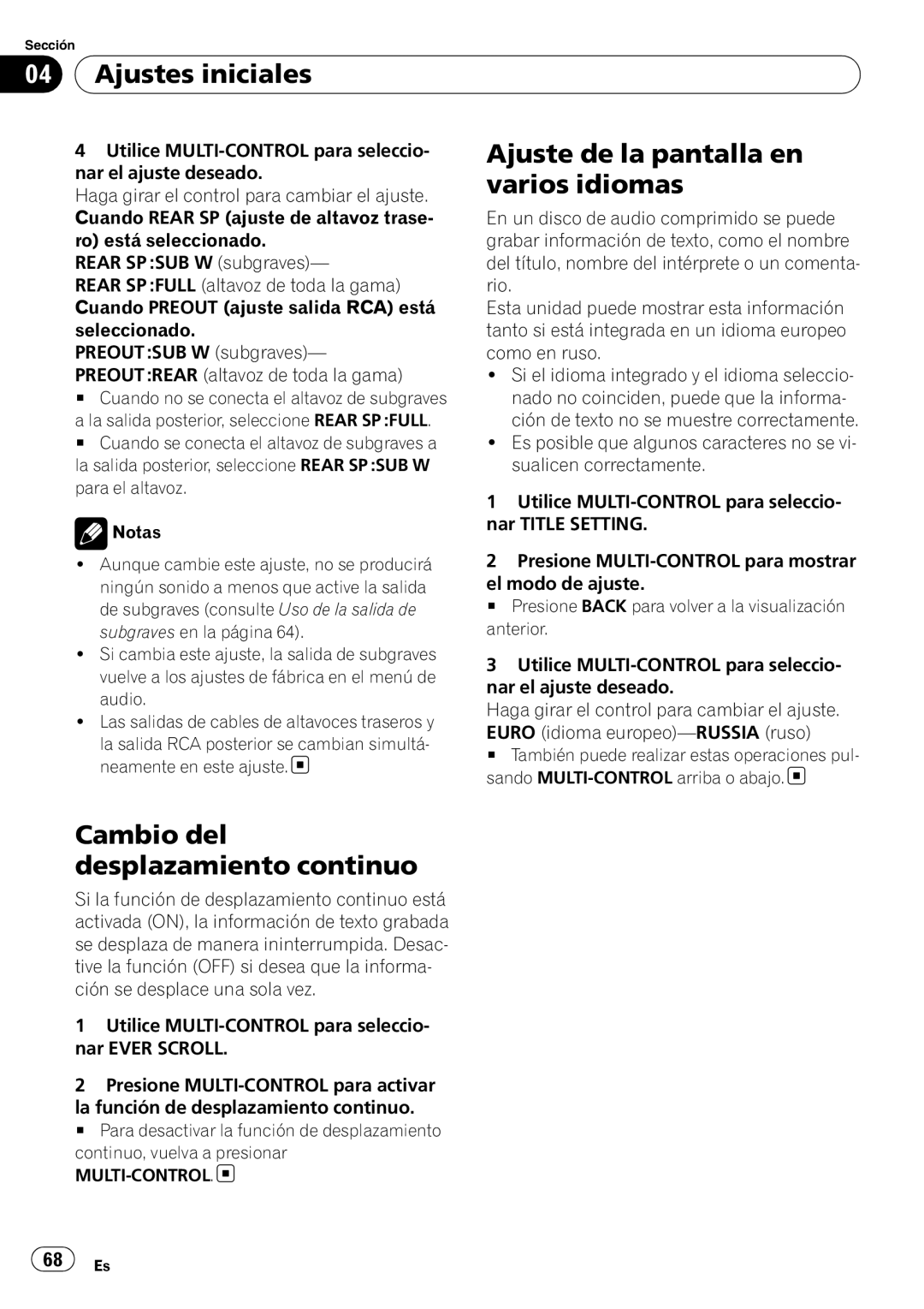 Pioneer DEH-50UB operation manual Ajuste de la pantalla en, Varios idiomas, Cambio del Desplazamiento continuo 