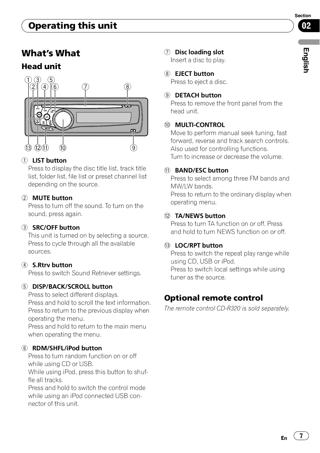 Pioneer DEH-50UB operation manual Operating this unit What’s What, Head unit, Optional remote control 