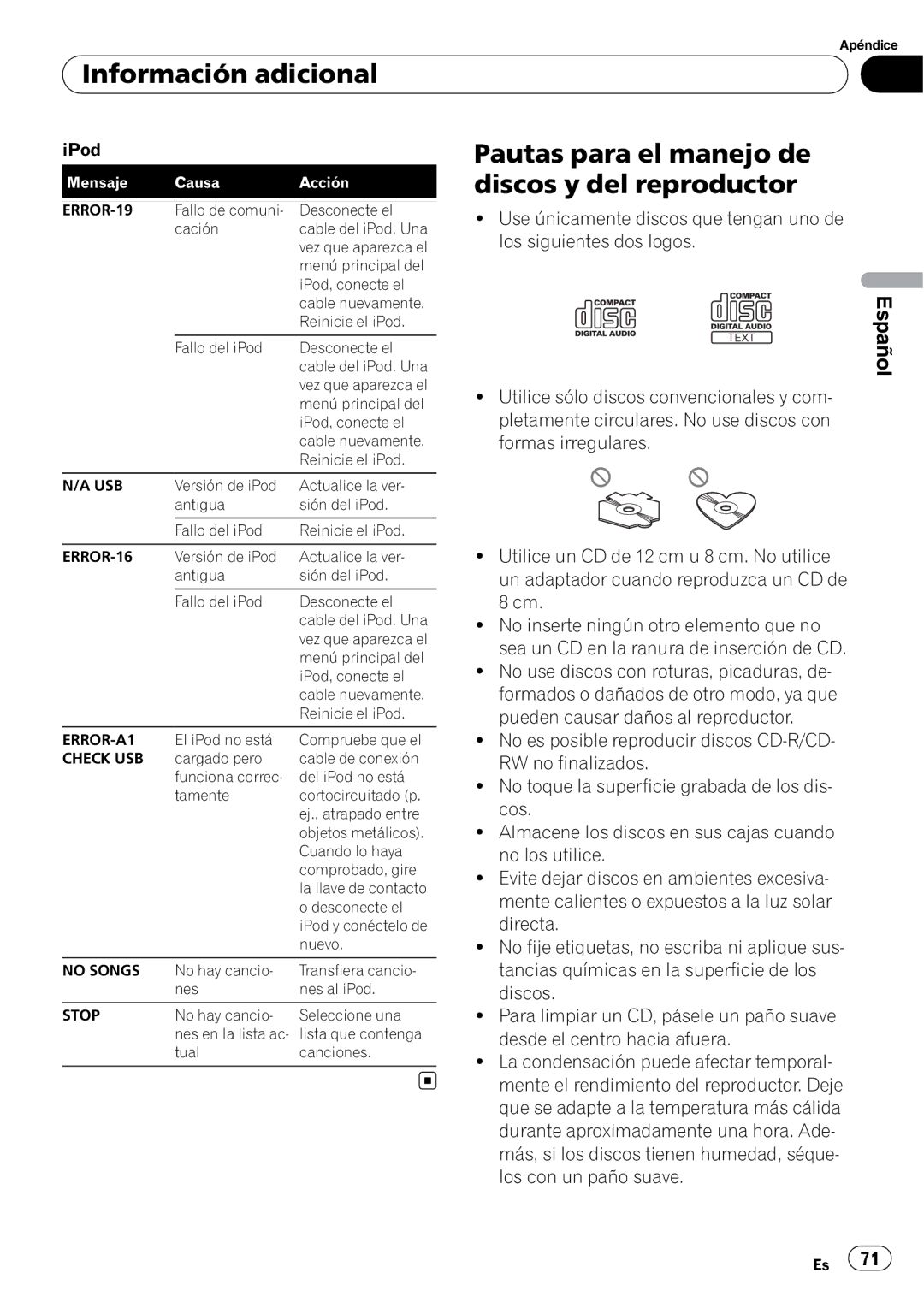 Pioneer DEH-50UB operation manual Información adicional, Pautas para el manejo de discos y del reproductor 