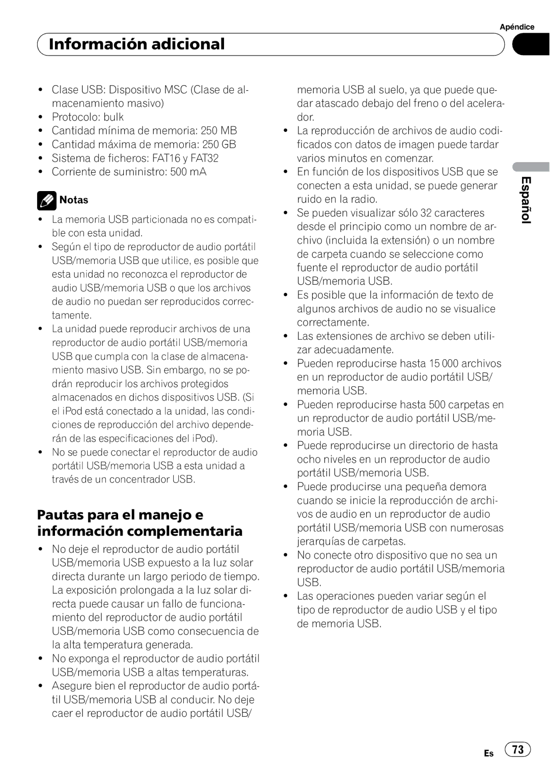 Pioneer DEH-50UB operation manual Pautas para el manejo e información complementaria 