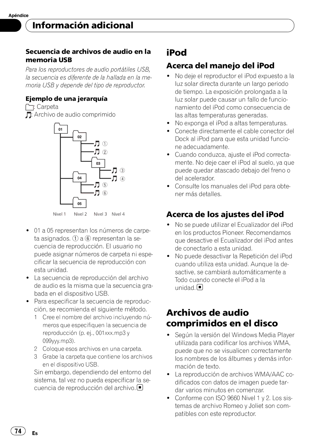 Pioneer DEH-50UB Archivos de audio, Comprimidos en el disco, Acerca del manejo del iPod, Acerca de los ajustes del iPod 