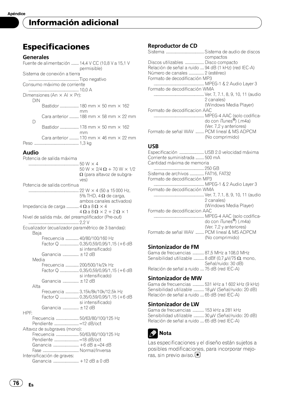 Pioneer DEH-50UB operation manual Información adicional Especificaciones, Generales 