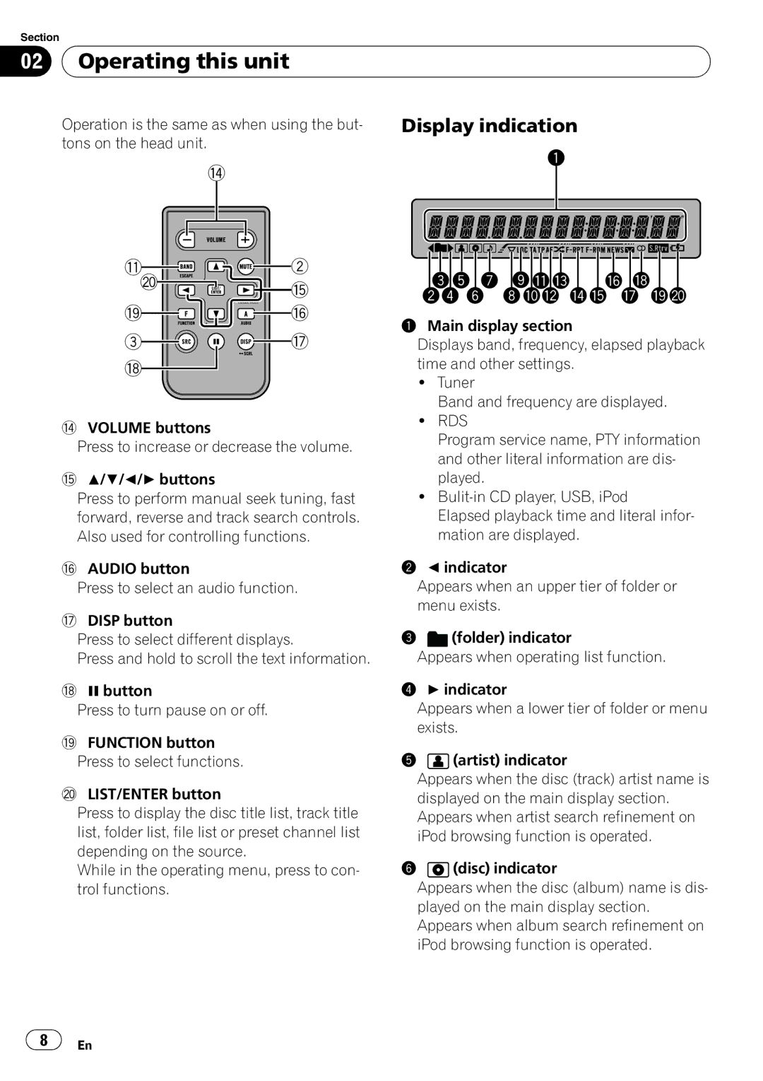 Pioneer DEH-50UB operation manual Operating this unit, Display indication, Rds 