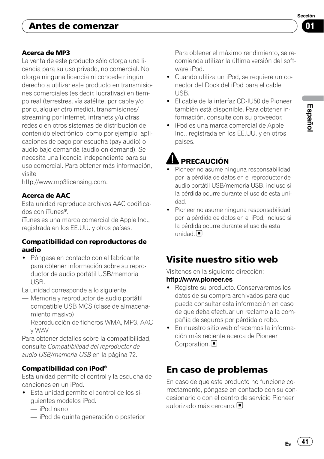 Pioneer DEH-50UB operation manual Antes de comenzar, Visite nuestro sitio web, En caso de problemas, Español 