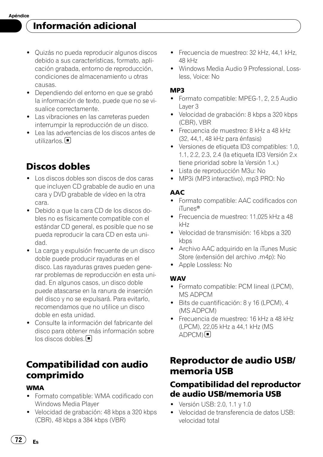 Pioneer DEH-50UB operation manual Discos dobles, Compatibilidad con audio comprimido, Reproductor de audio USB/ memoria USB 