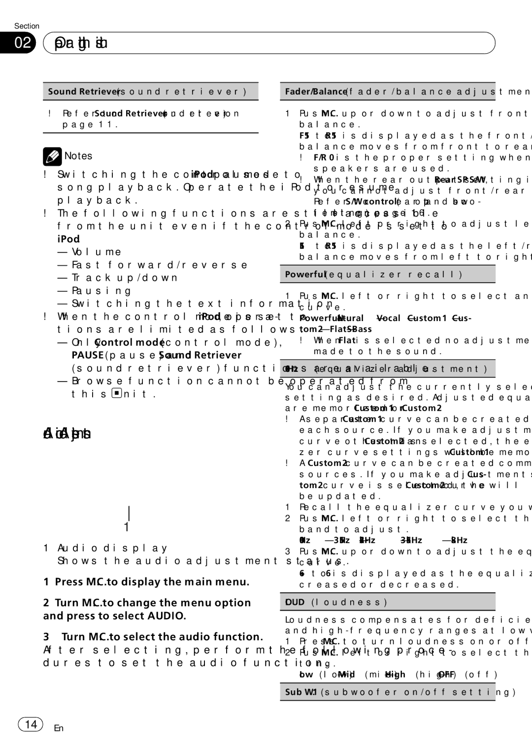 Pioneer DEH-5200SD operation manual Audio Adjustments, Browse function cannot be operated from this unit 