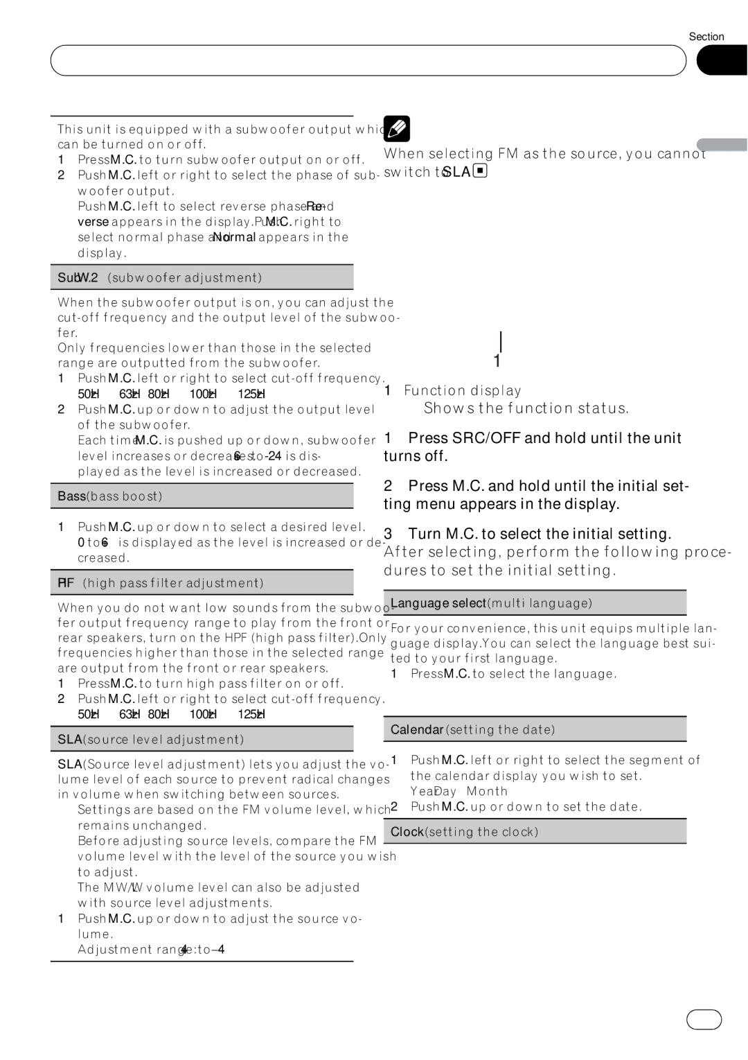 Pioneer DEH-5200SD operation manual Initial Settings, When selecting FM as the source, you cannot switch to SLA 