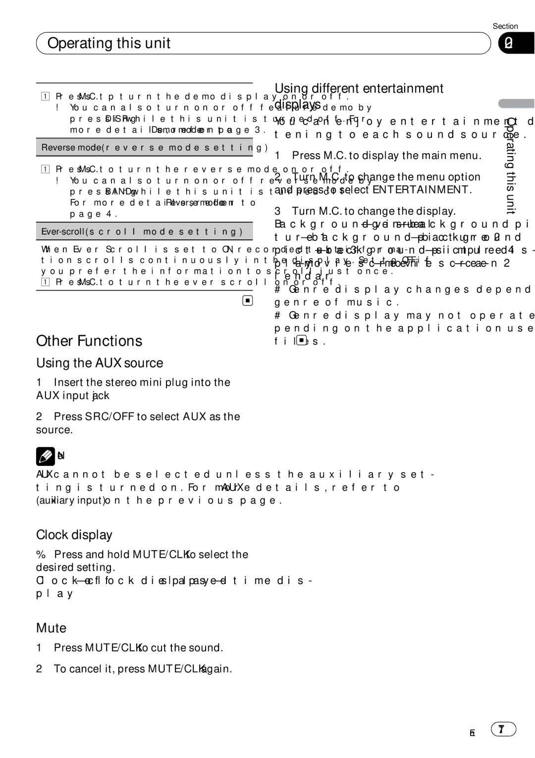 Pioneer DEH-5200SD Other Functions, Using the AUX source, Clock display, Mute, Using different entertainment displays 