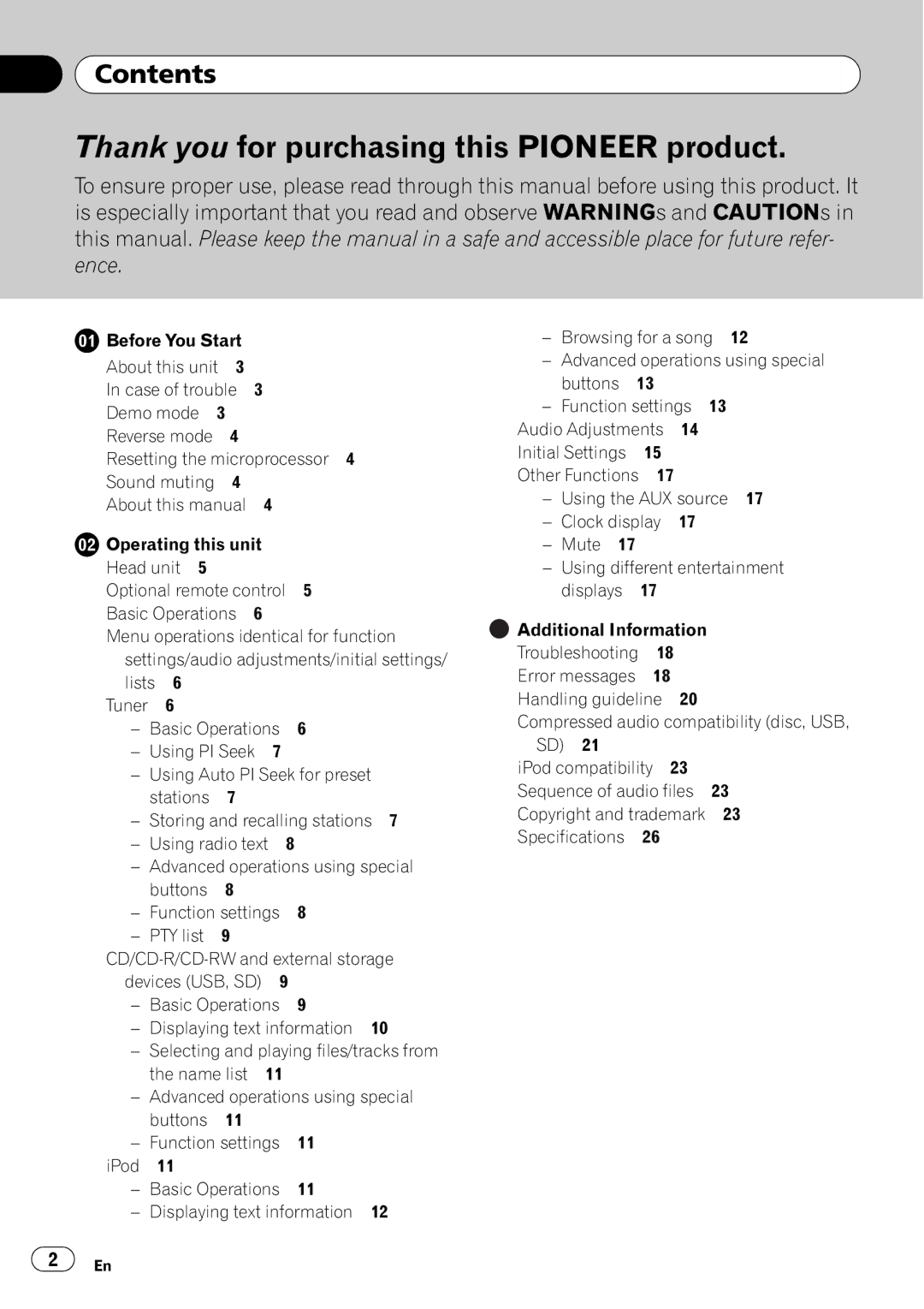 Pioneer DEH-5200SD operation manual Contents, Before You Start, Specifications 