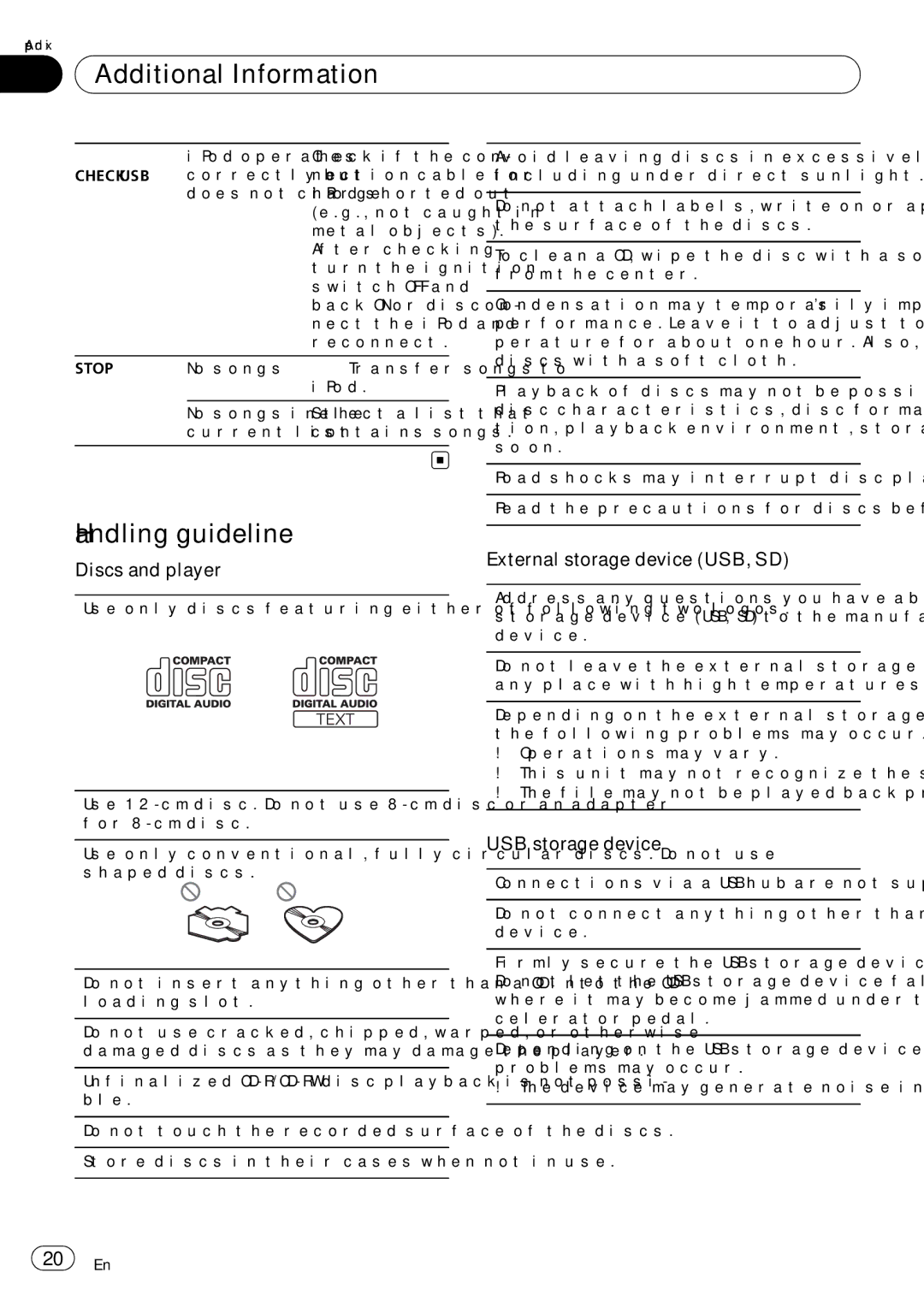 Pioneer DEH-5200SD operation manual Handling guideline, Discs and player, USB storage device, Stop 