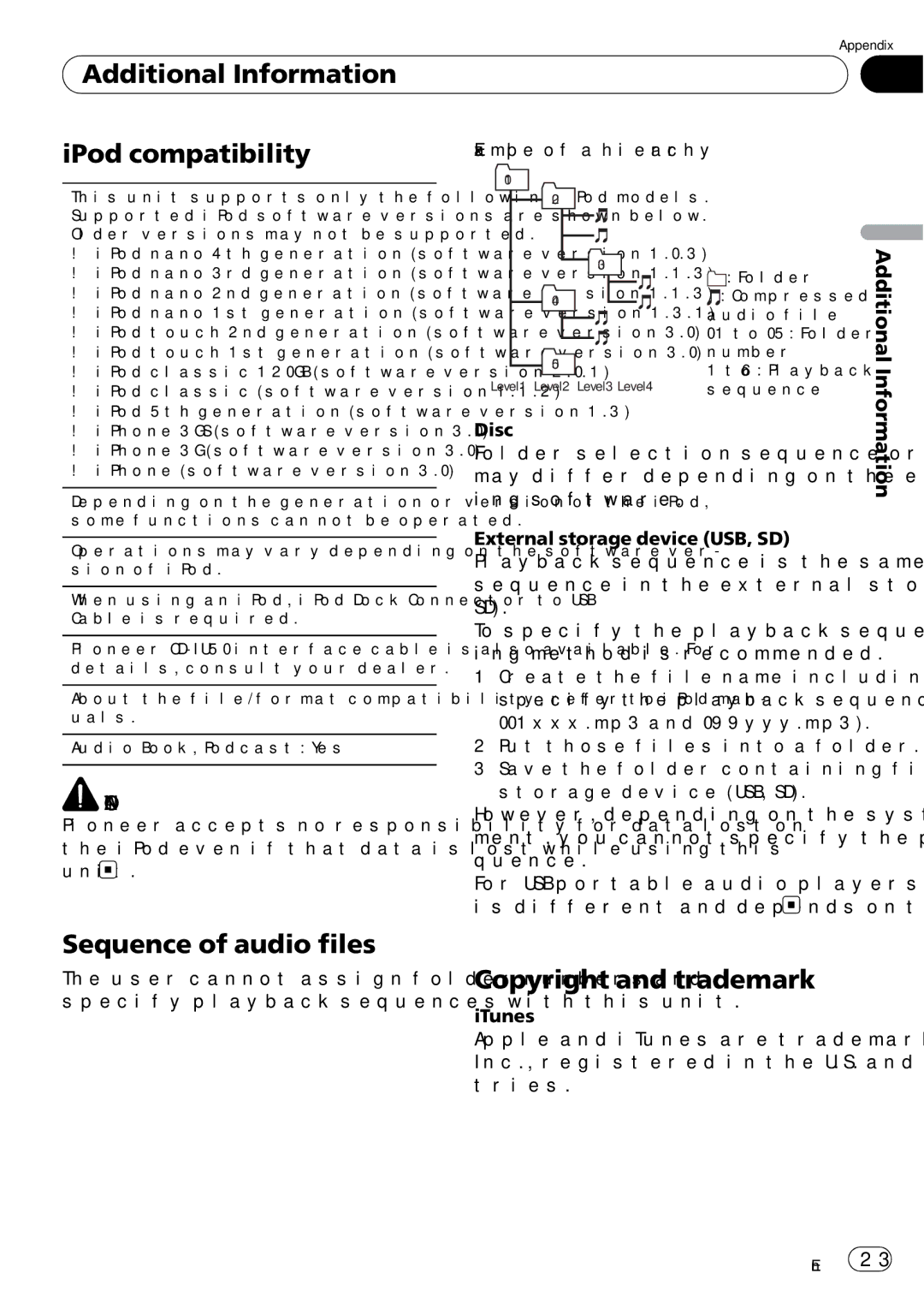 Pioneer DEH-5200SD Additional Information IPod compatibility, Sequence of audio files, Copyright and trademark 