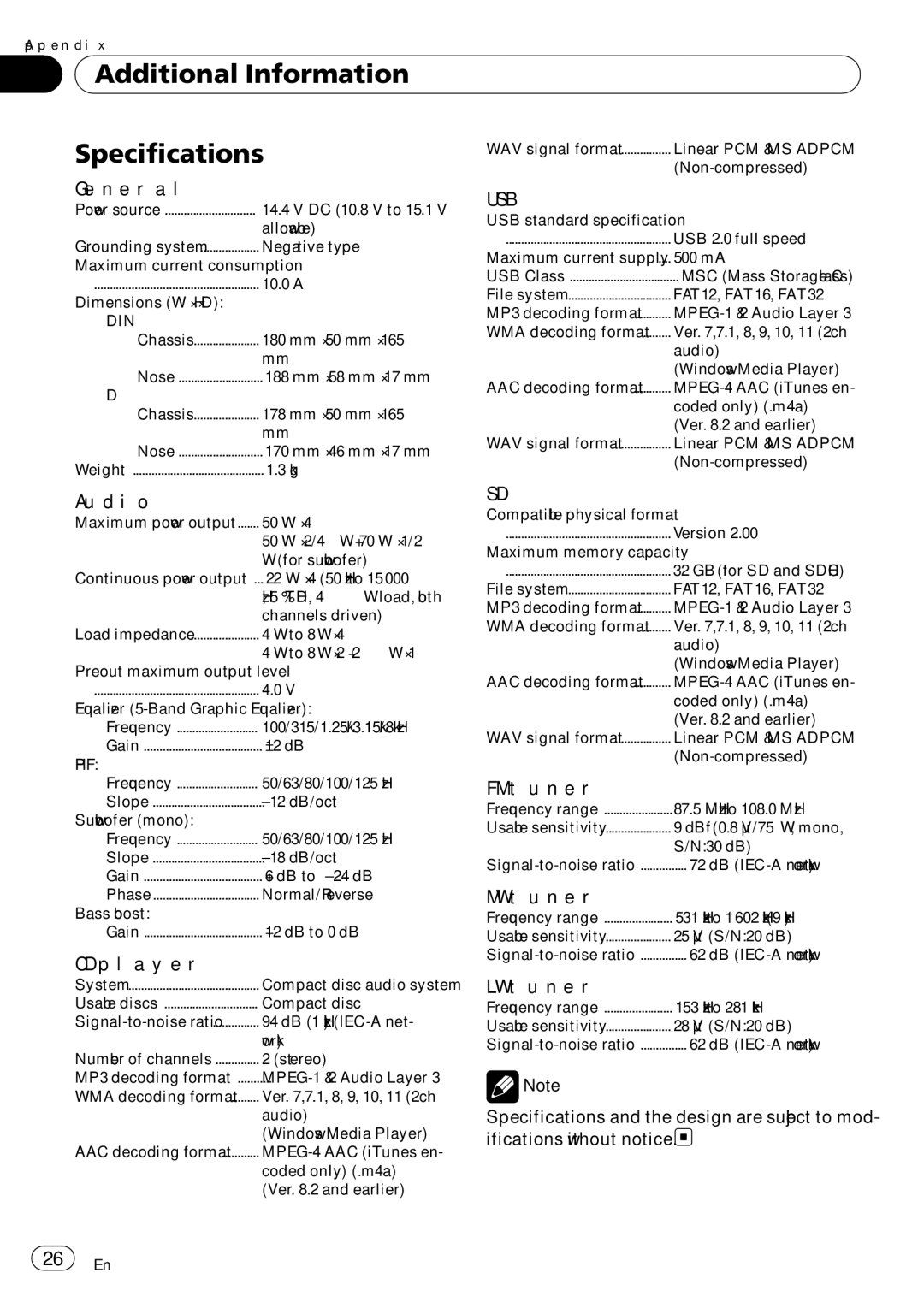 Pioneer DEH-5200SD operation manual Additional Information Specifications, Usb 