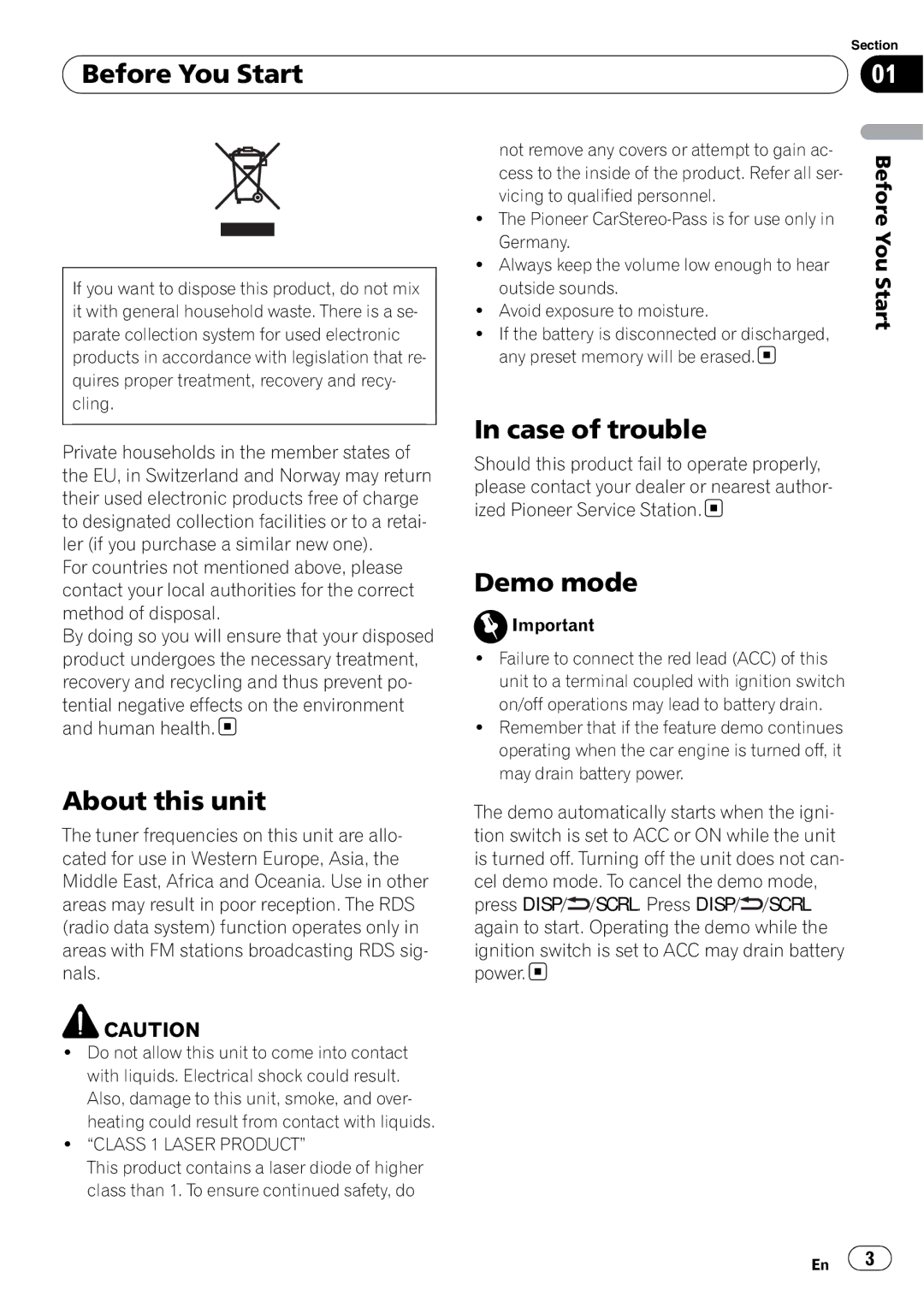 Pioneer DEH-5200SD operation manual Before You Start, About this unit, Case of trouble, Demo mode, Class 1 Laser Product 