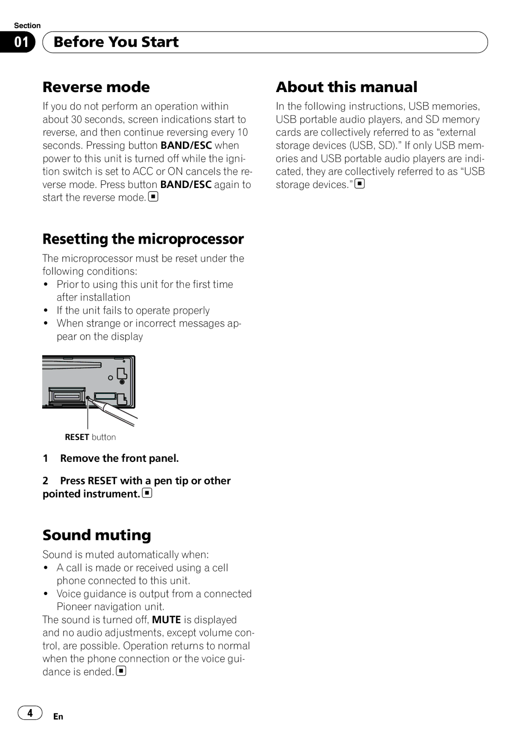 Pioneer DEH-5200SD Before You Start Reverse mode About this manual, Resetting the microprocessor, Sound muting 