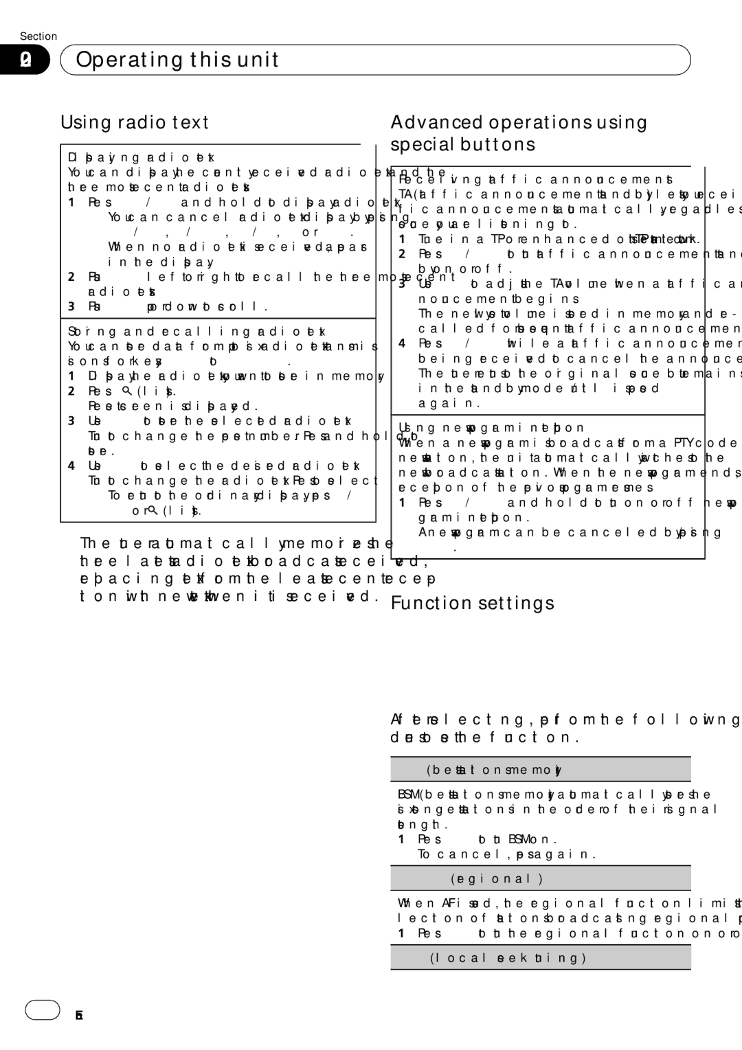 Pioneer DEH-5200SD operation manual Using radio text, Advanced operations using special buttons, Function settings 