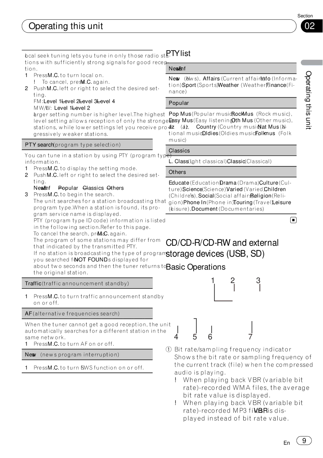 Pioneer DEH-5200SD operation manual CD/CD-R/CD-RW and external storage devices USB, SD, PTY list 