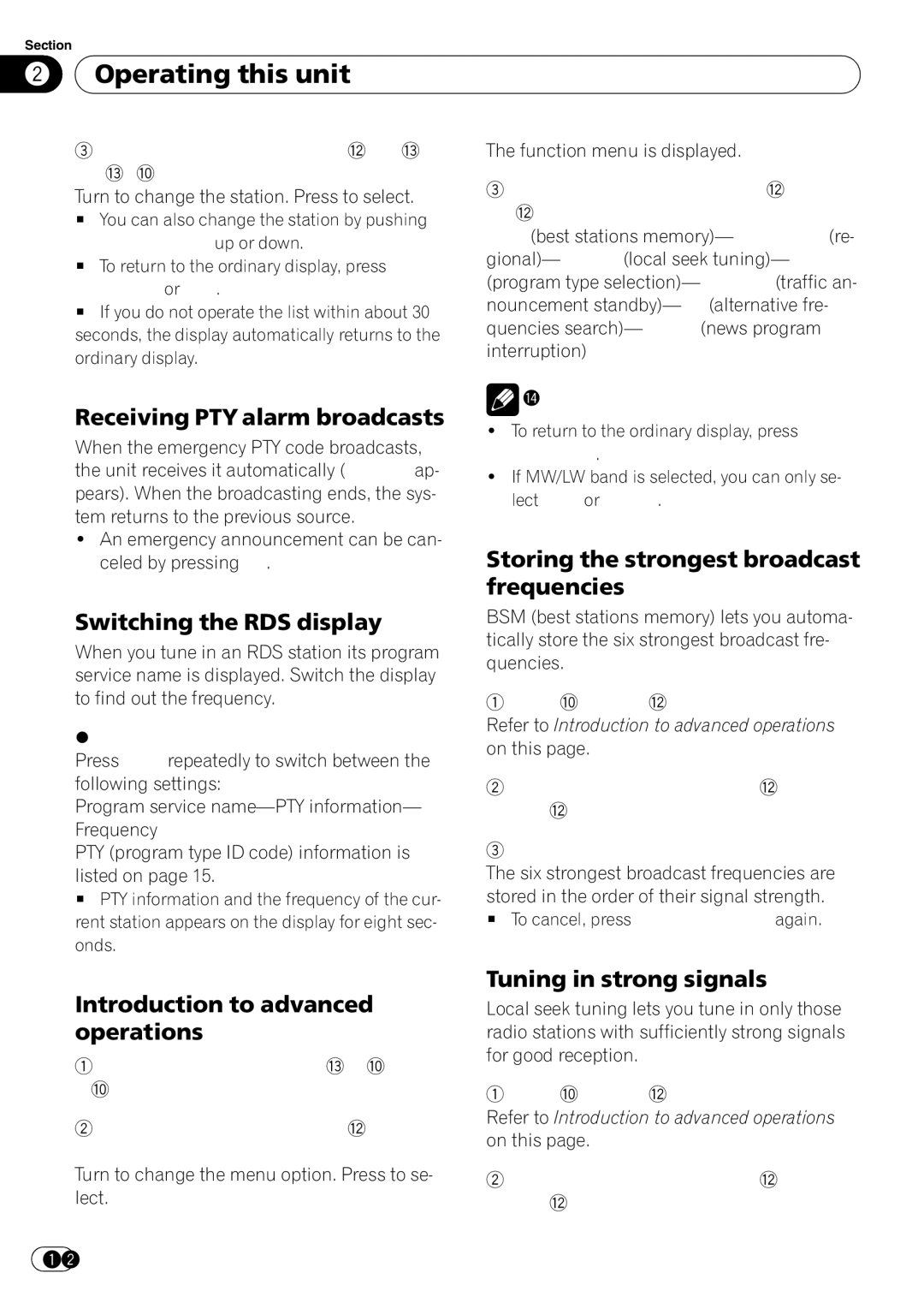 Pioneer DEH-600BT Receiving PTY alarm broadcasts, Introduction to advanced operations, Tuning in strong signals, Function 
