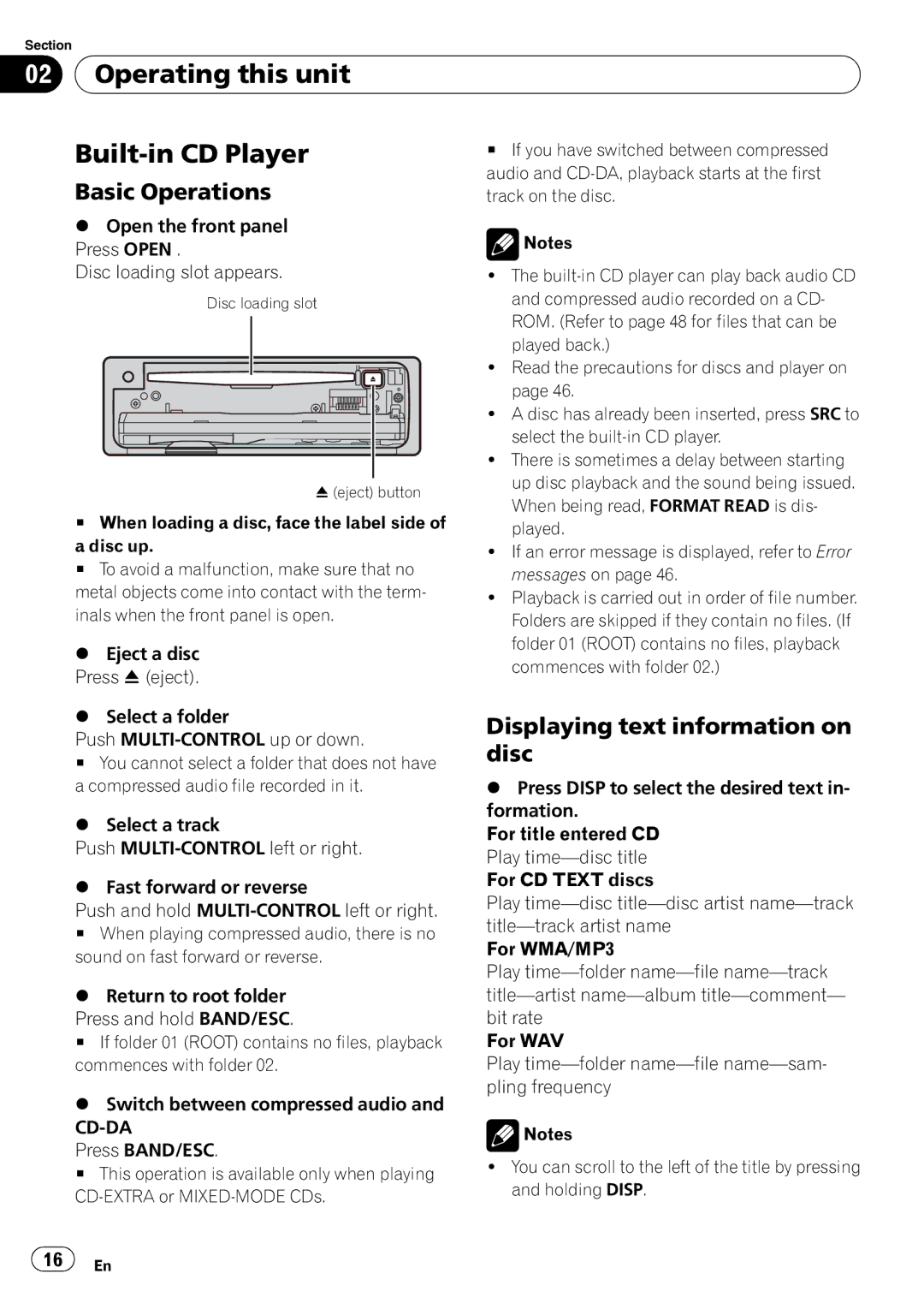 Pioneer DEH-600BT operation manual Operating this unit Built-in CD Player, Displaying text information on, Disc, Cd-Da 