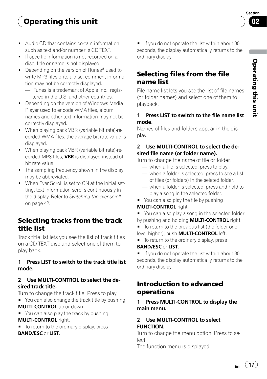 Pioneer DEH-600BT operation manual Selecting tracks from the track title list, Selecting files from the file name list 