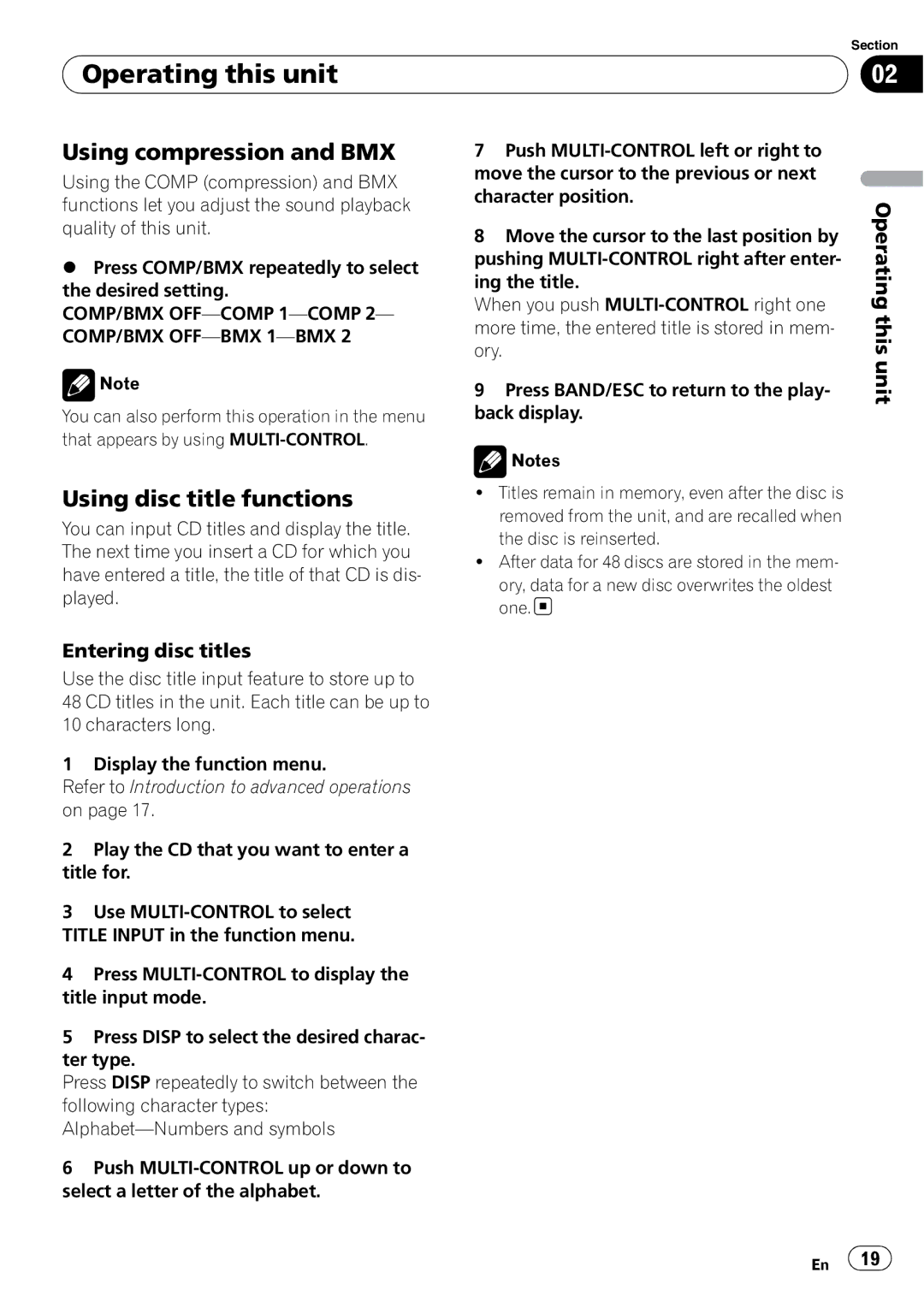 Pioneer DEH-600BT operation manual Using compression and BMX, Using disc title functions, Entering disc titles 