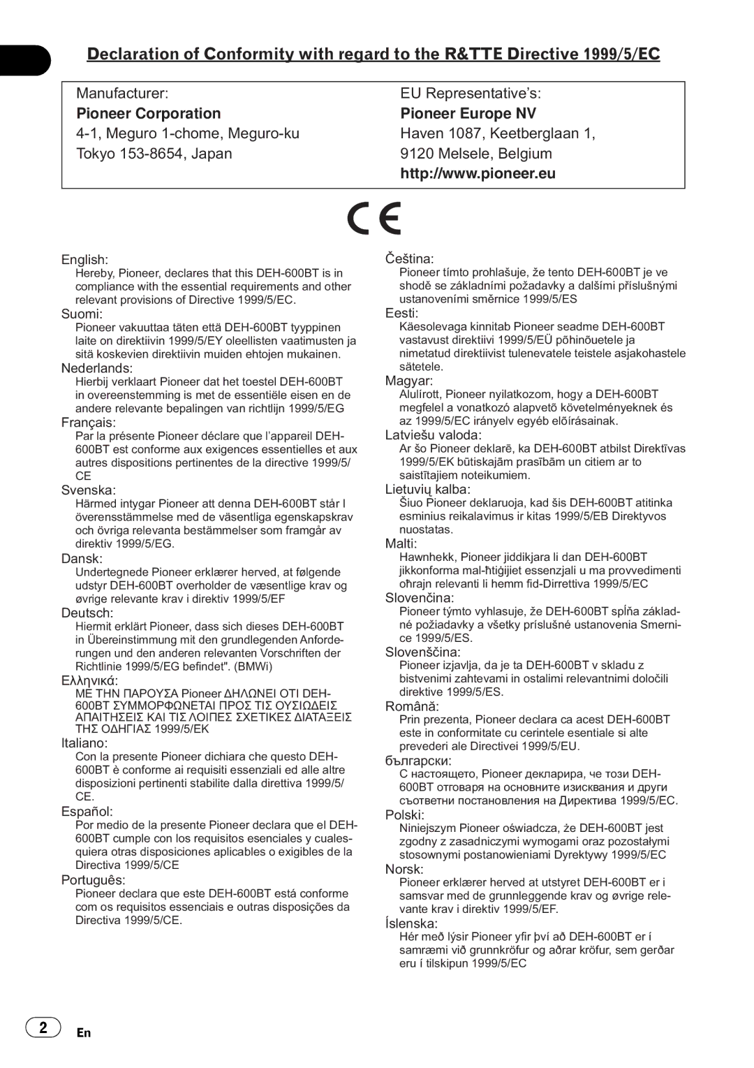 Pioneer DEH-600BT operation manual Pioneer Corporation Pioneer Europe NV 