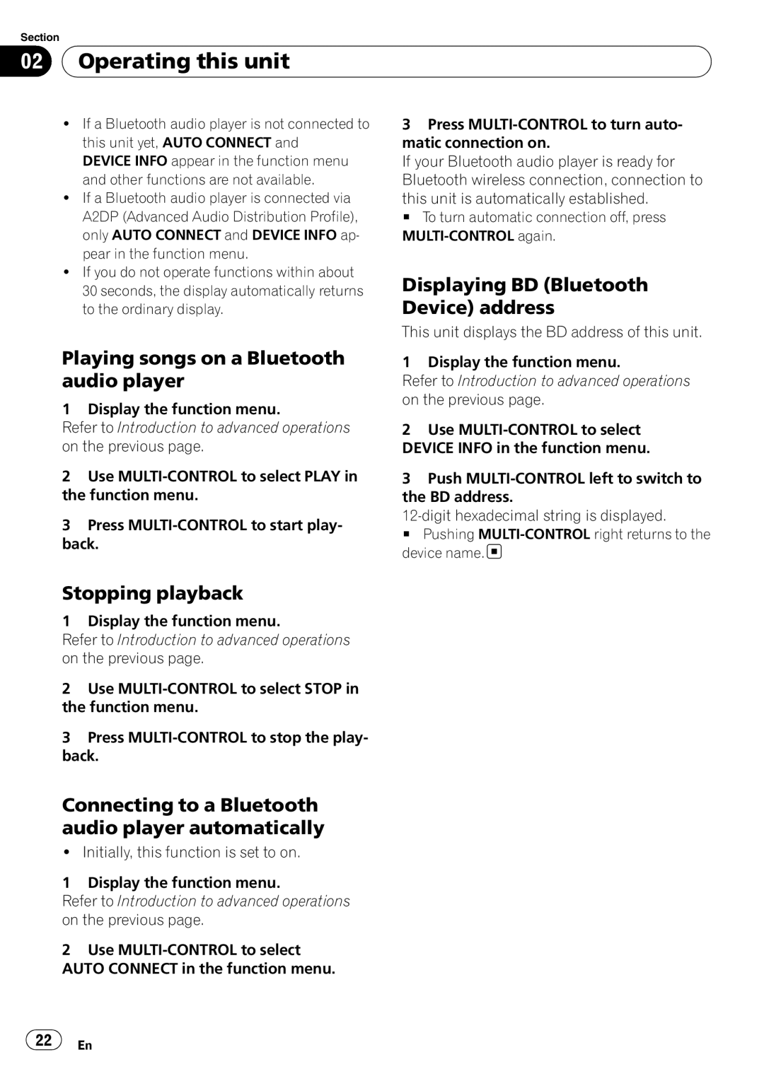 Pioneer DEH-600BT Displaying BD Bluetooth Device address, Playing songs on a Bluetooth audio player, Stopping playback 