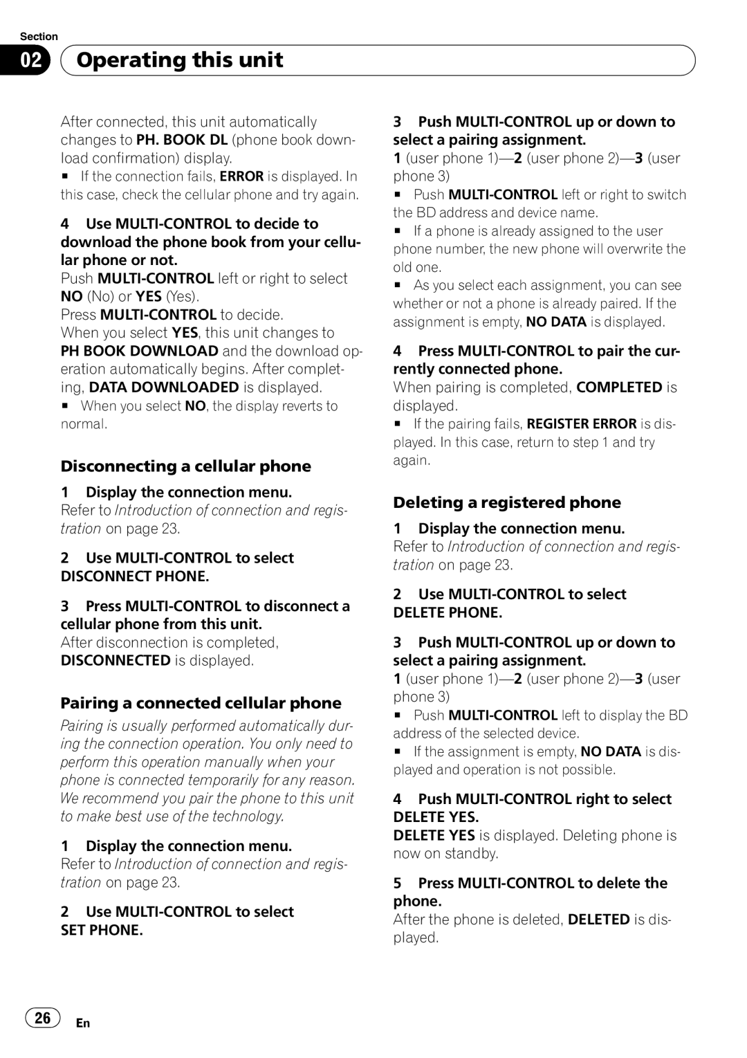 Pioneer DEH-600BT Disconnecting a cellular phone, Pairing a connected cellular phone, Deleting a registered phone 