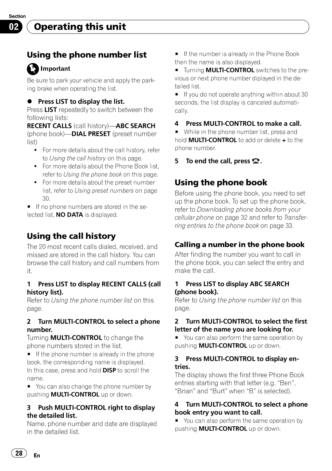 Pioneer DEH-600BT operation manual Using the phone number list, Using the phone book, Using the call history 