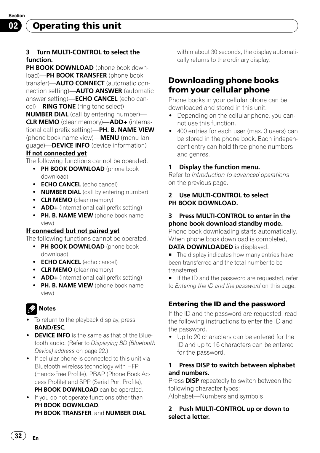 Pioneer DEH-600BT Downloading phone books from your cellular phone, Entering the ID and the password, PH Book Download 