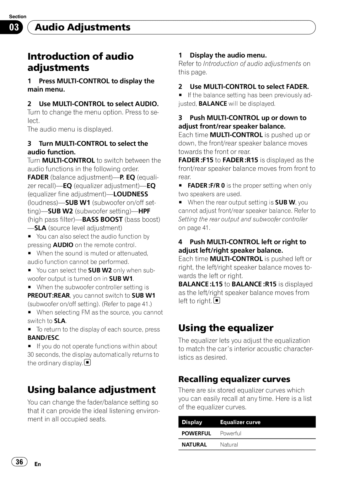 Pioneer DEH-600BT operation manual Audio Adjustments Introduction of audio, Using the equalizer, Using balance adjustment 