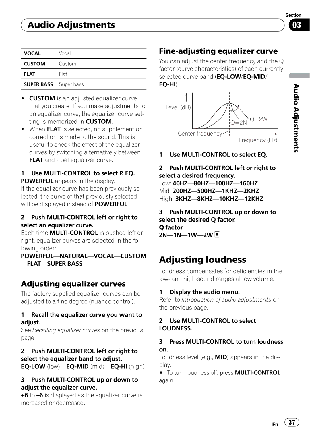 Pioneer DEH-600BT Audio Adjustments, Adjusting loudness, Adjusting equalizer curves, Fine-adjusting equalizer curve 