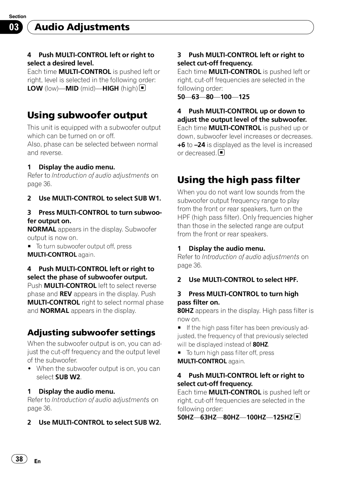 Pioneer DEH-600BT operation manual Using subwoofer output, Using the high pass filter, Adjusting subwoofer settings 