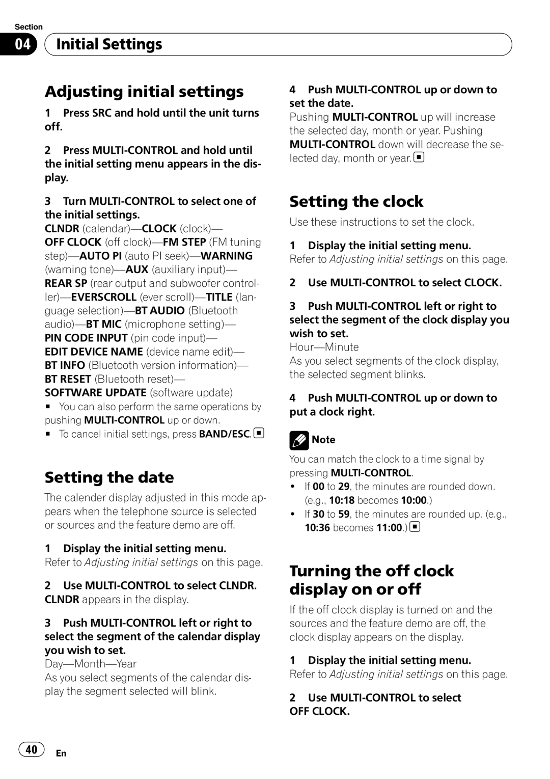 Pioneer DEH-600BT Initial Settings Adjusting initial settings, Setting the date, Setting the clock, OFF Clock 